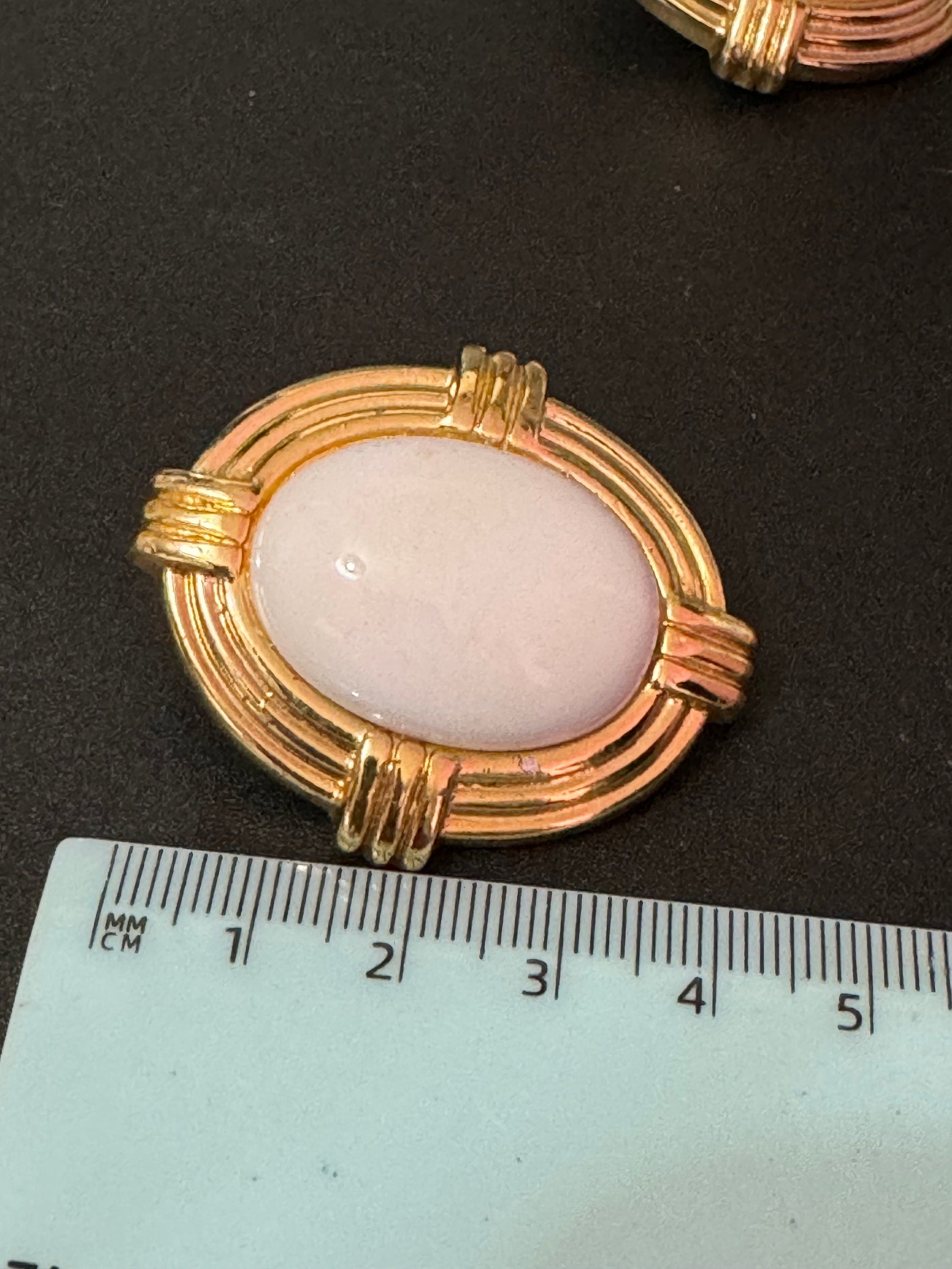 Oversized vintage oval white button low domed plastic button Clip On Earrings gold tone lightweight 4cm