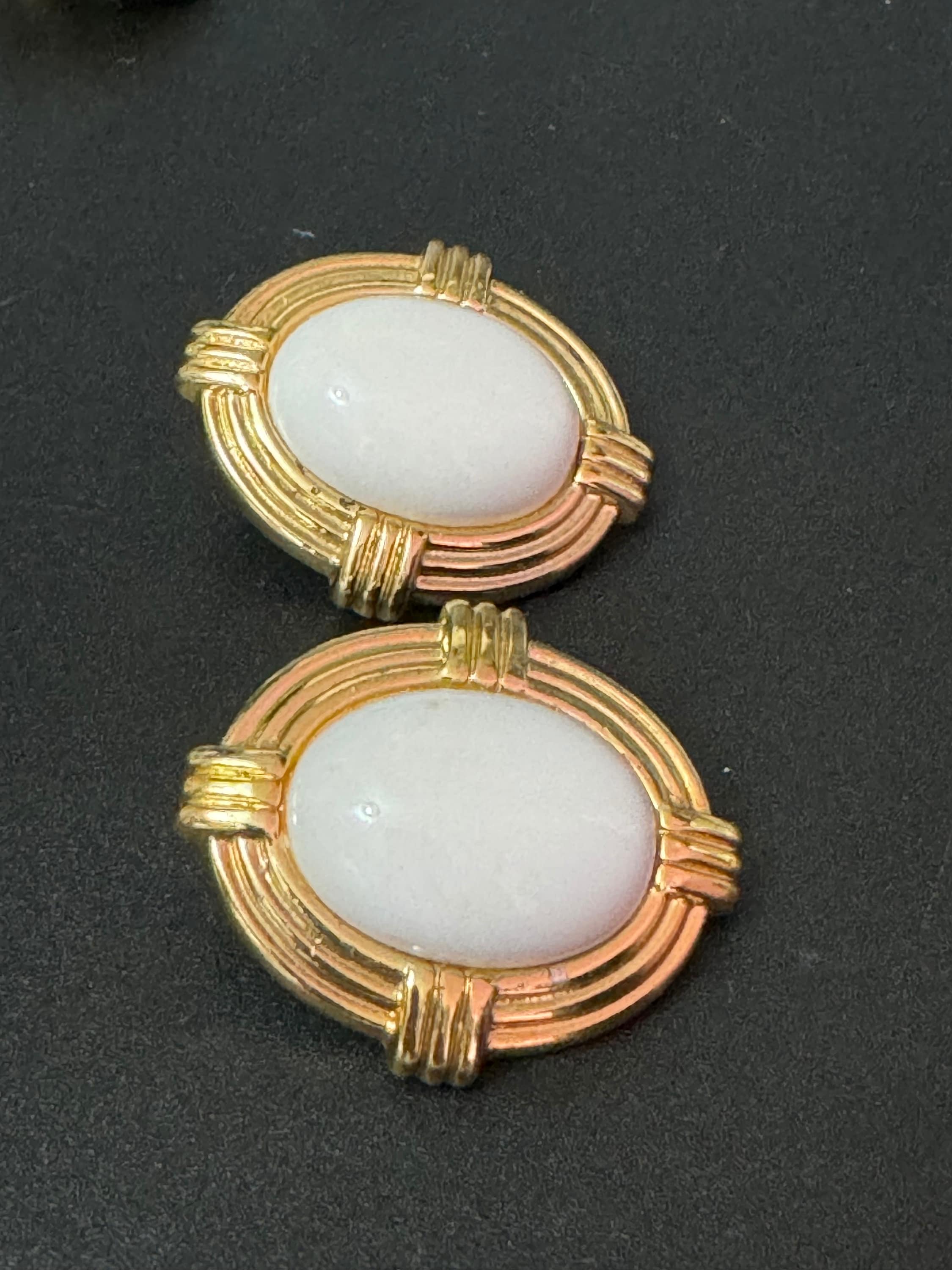 Oversized vintage oval white button low domed plastic button Clip On Earrings gold tone lightweight 4cm