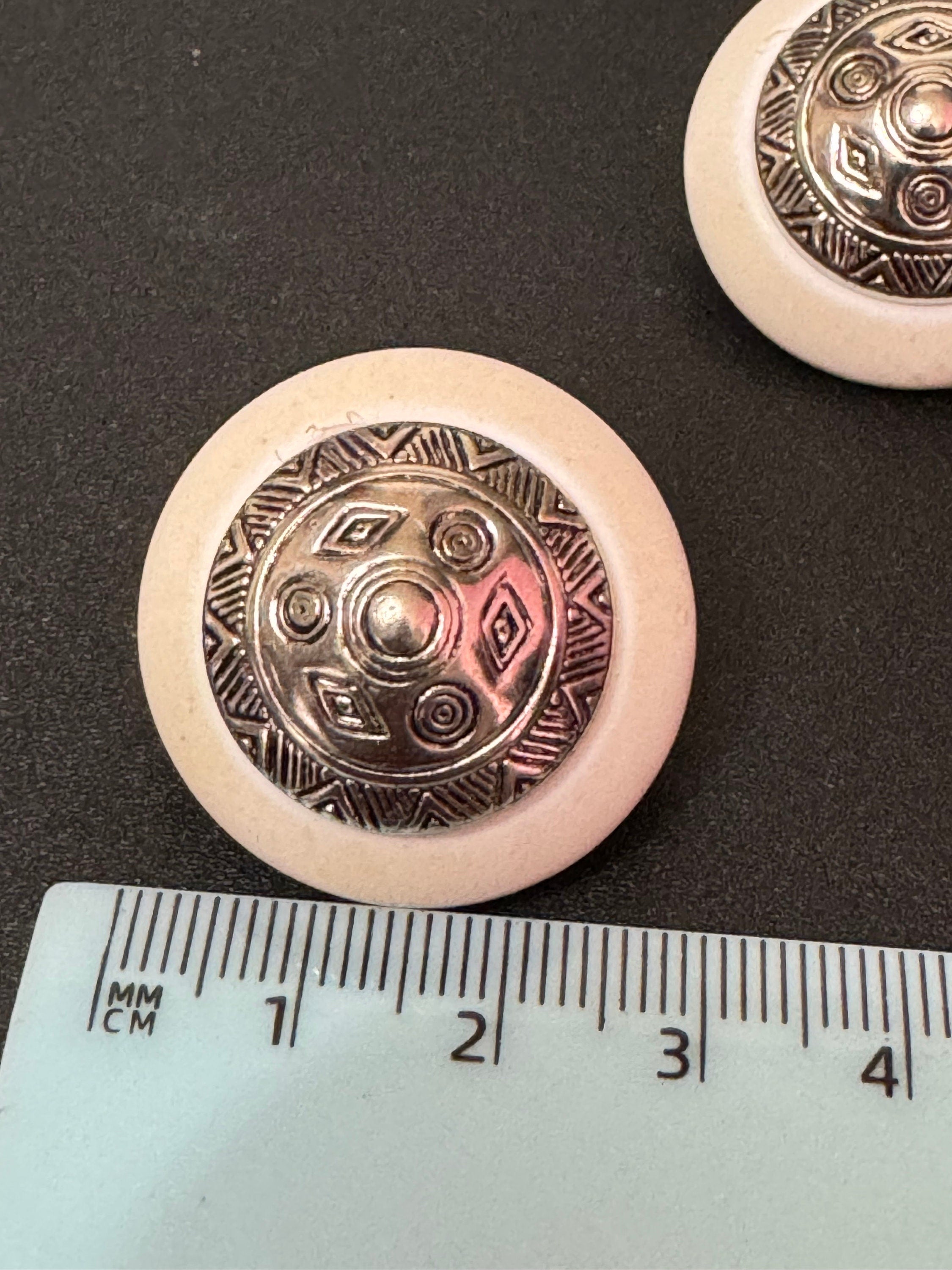 Stylish silver tone beige cream neutral clip on button earrings