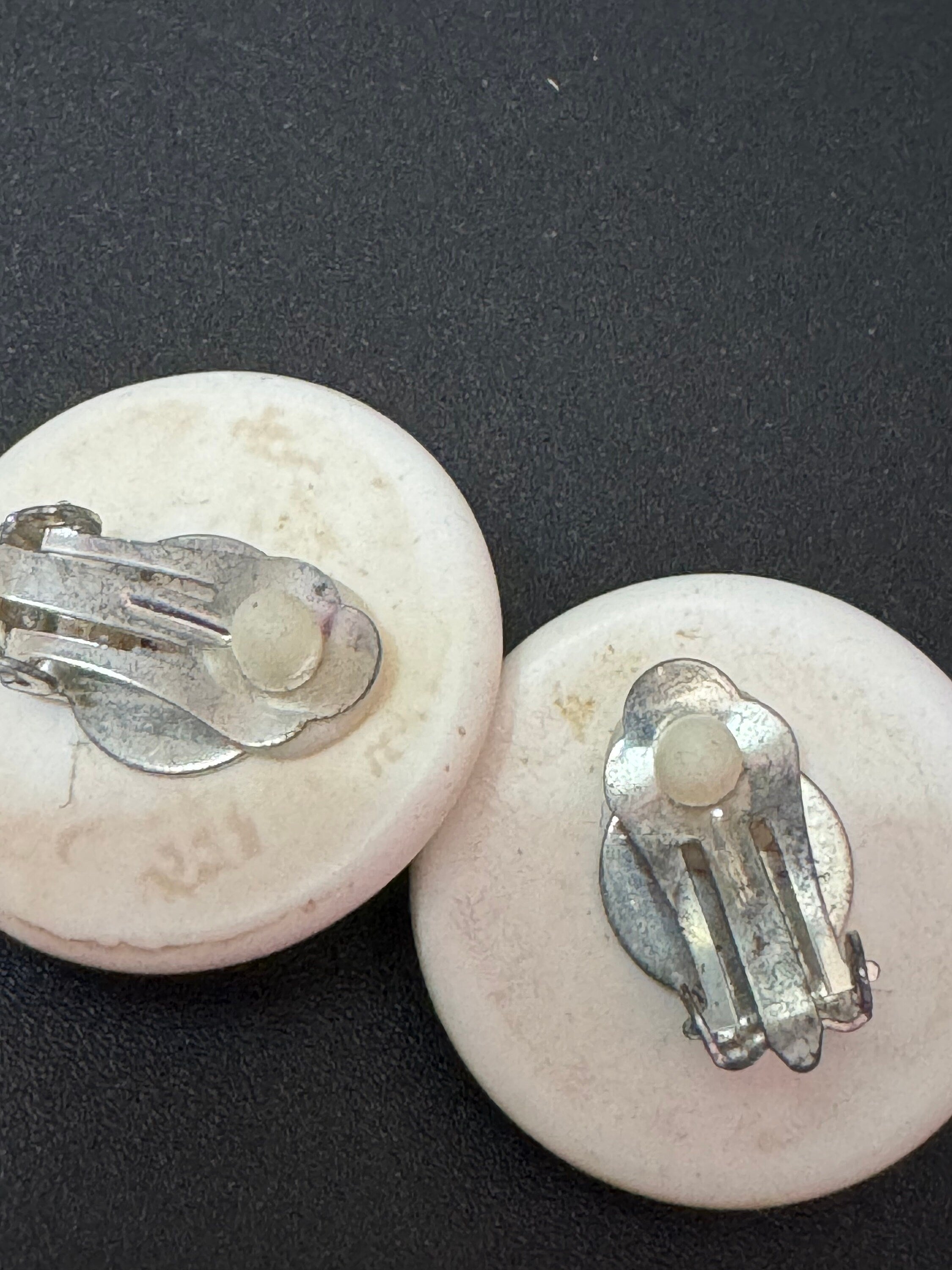 Stylish silver tone beige cream neutral clip on button earrings