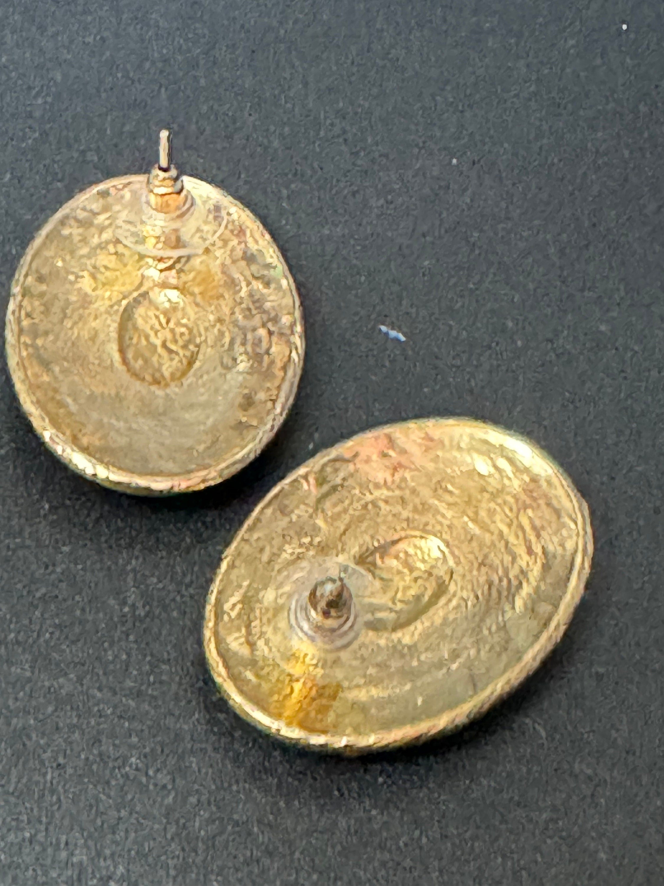 Blue enamel pair oval stud earrings Vintage Gold tone oversized