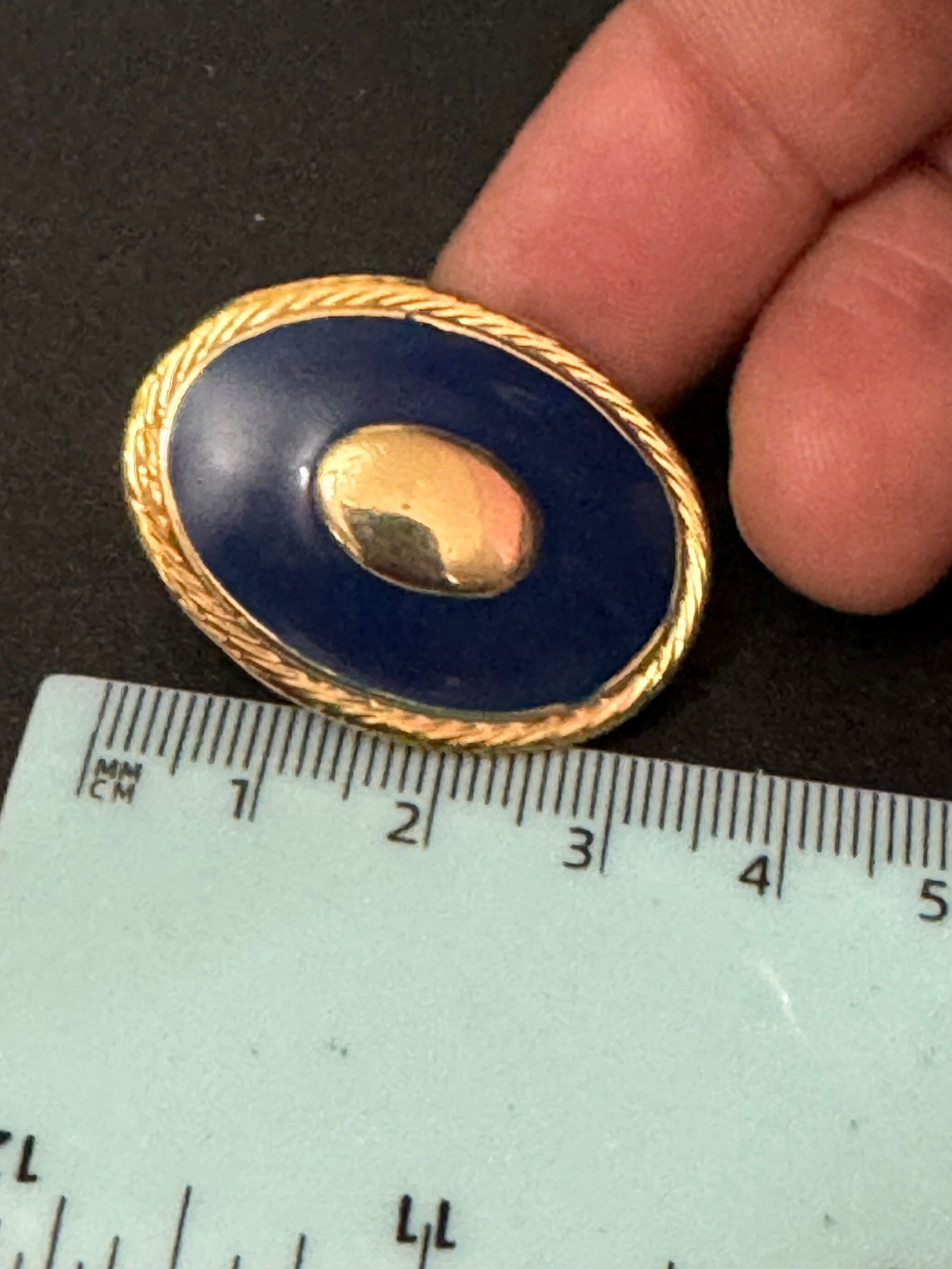 Blue enamel pair oval stud earrings Vintage Gold tone oversized