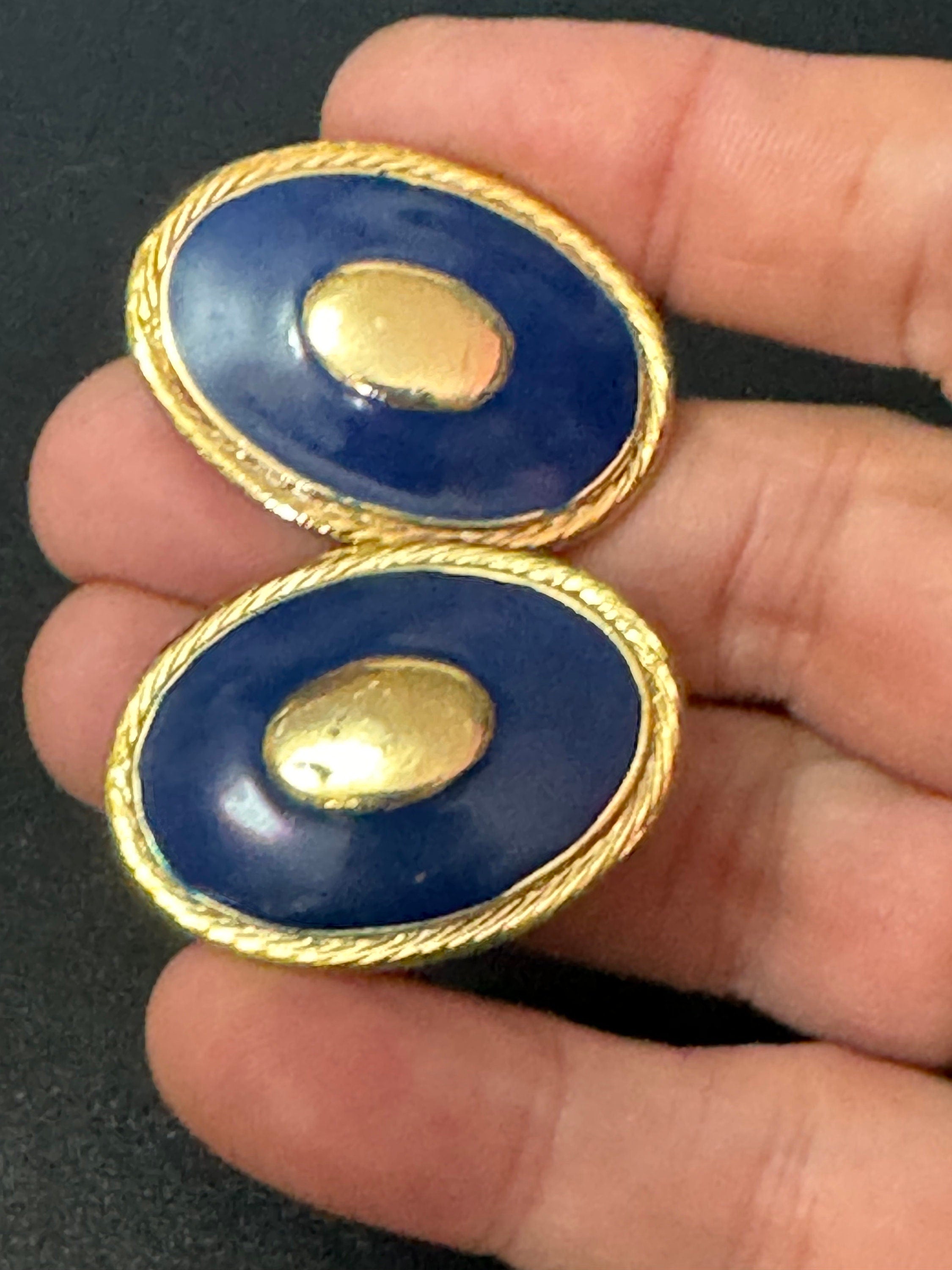 Blue enamel pair oval stud earrings Vintage Gold tone oversized