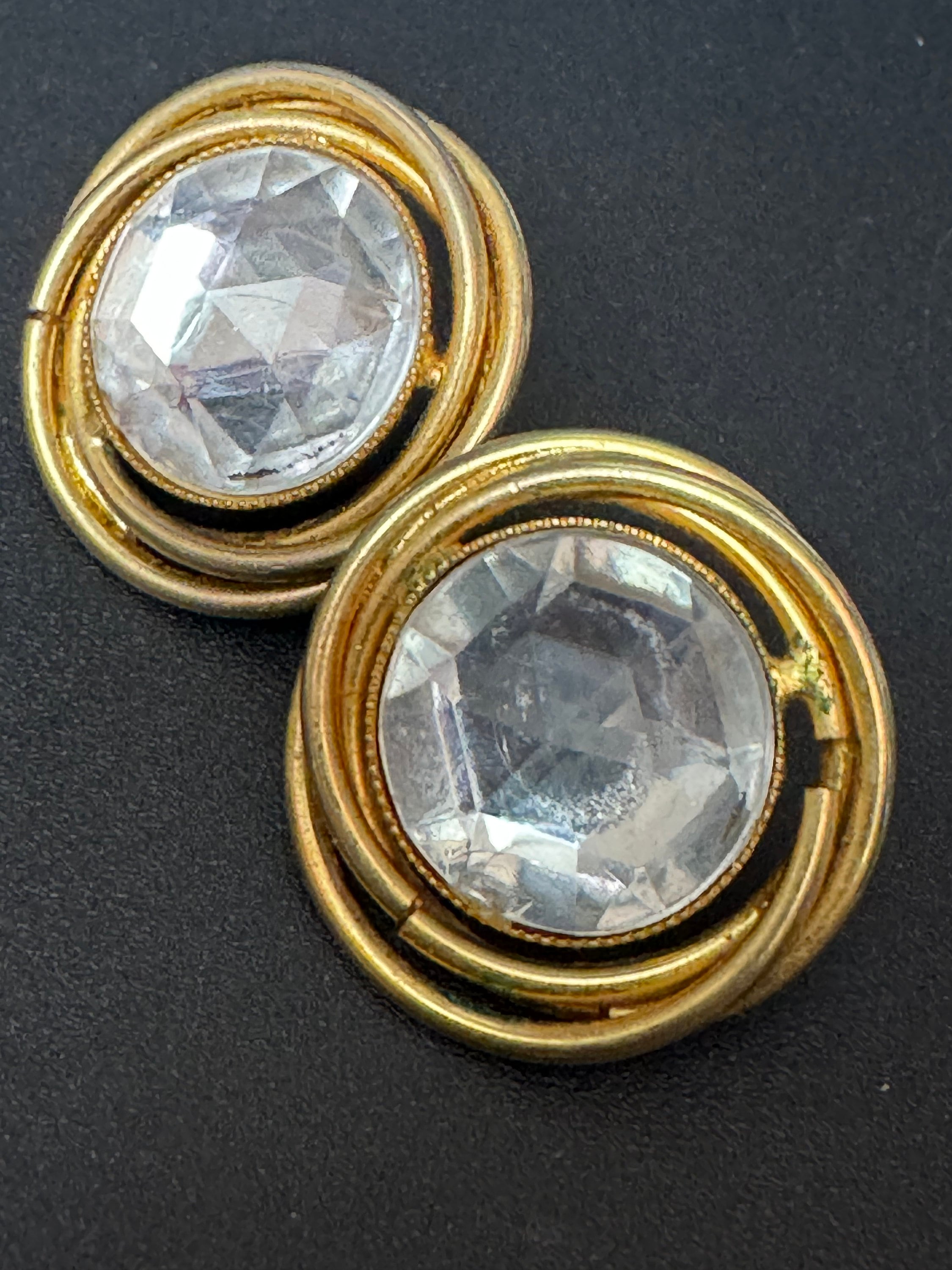 Vintage Gold tone clear Diamanté Paste pair round stud earrings pierced 2.5cm