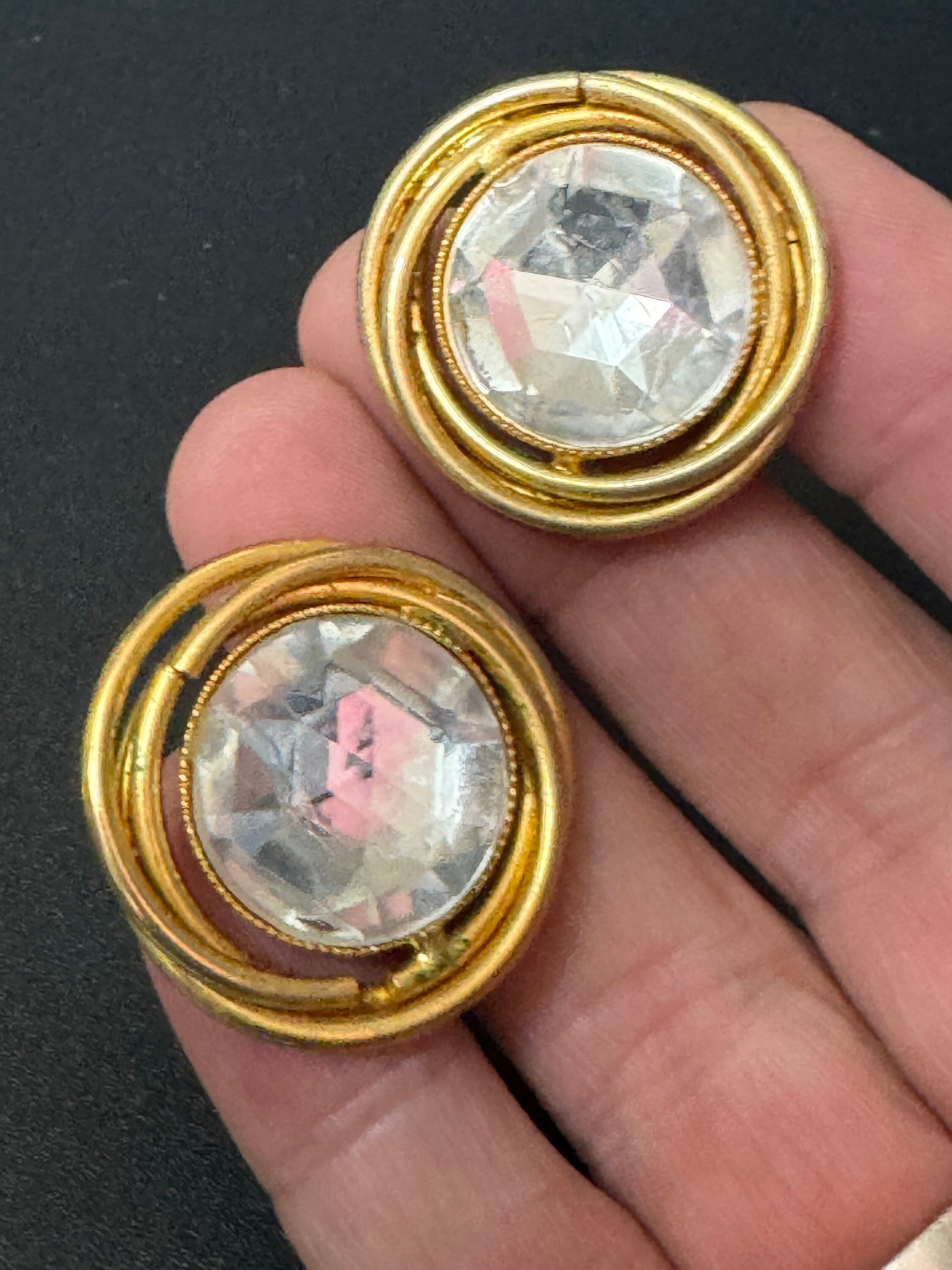 Vintage Gold tone clear Diamanté Paste pair round stud earrings pierced 2.5cm