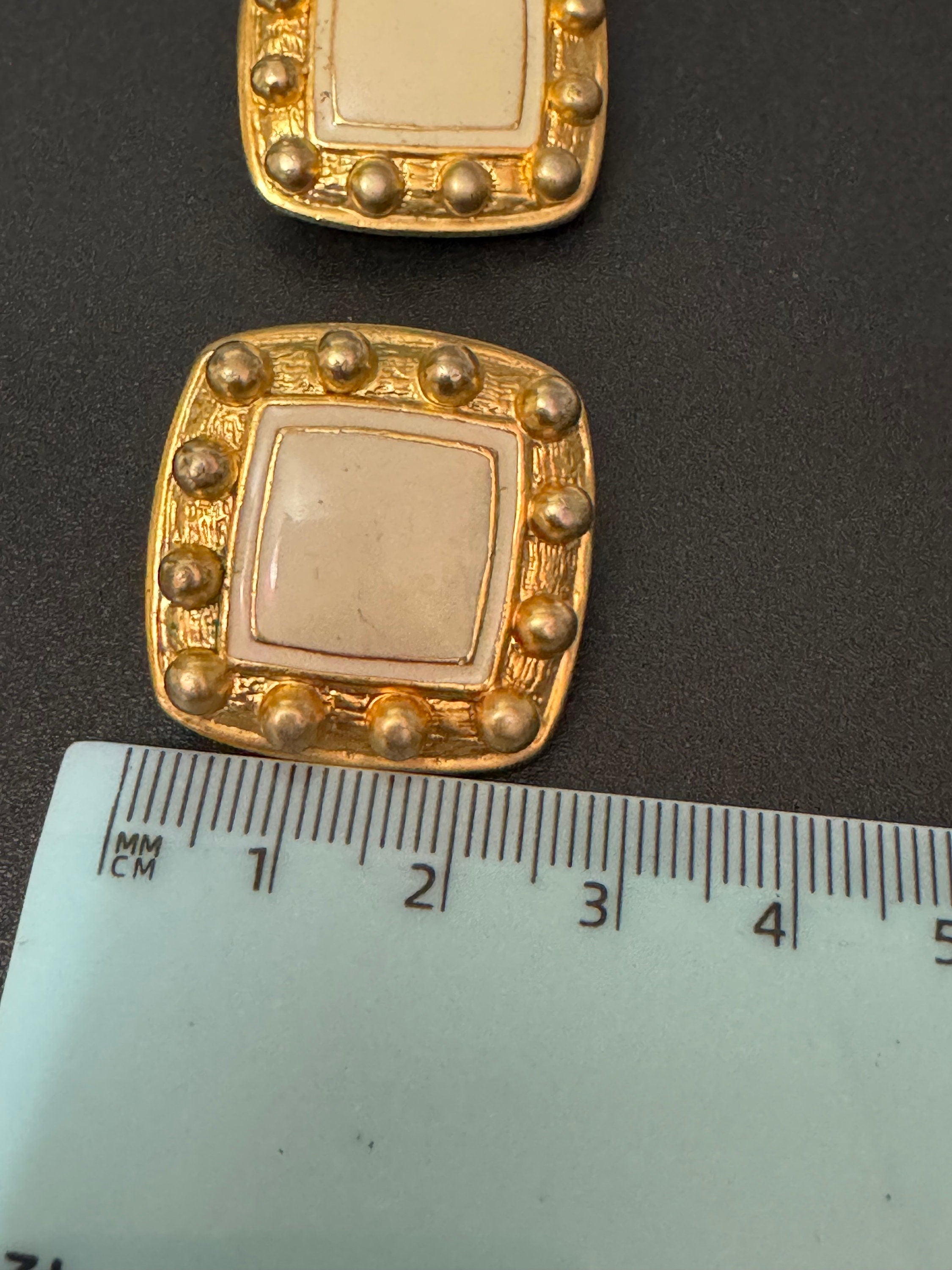 Vintage Etruscan squared Gold tone nude natural beige cream enamel clip on earrings  1980s 1990s