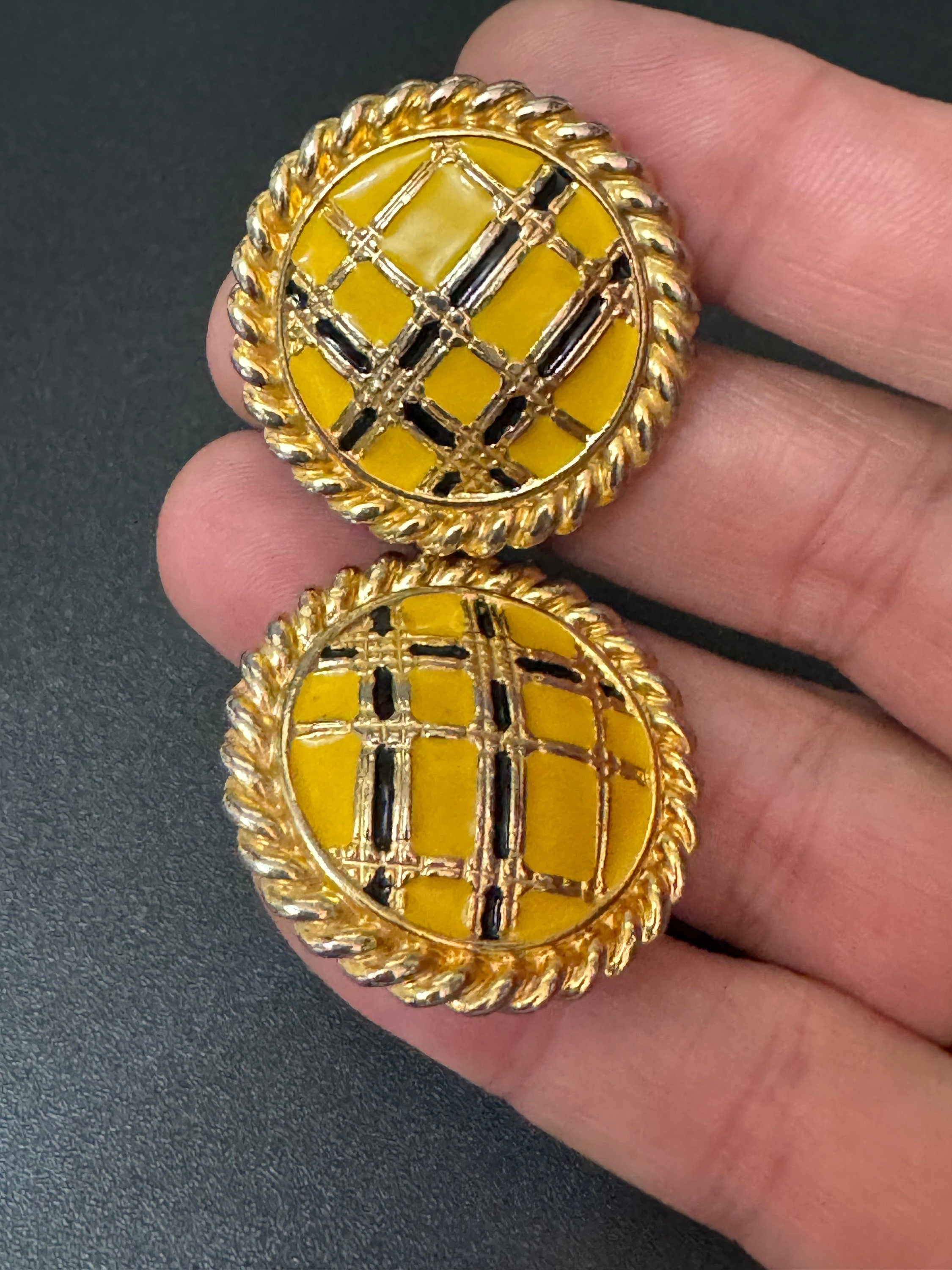 Vintage Gold tone dark yellow woven style enamel Clip on earrings 1980s 1990s