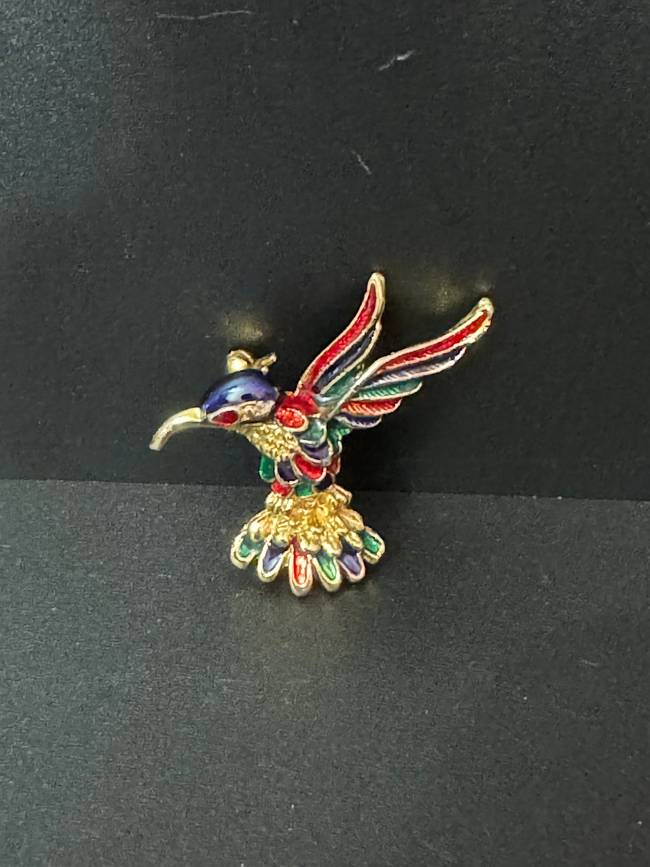 Vintage gold tone blue green enamel Hummingbird kingfisher bird brooch