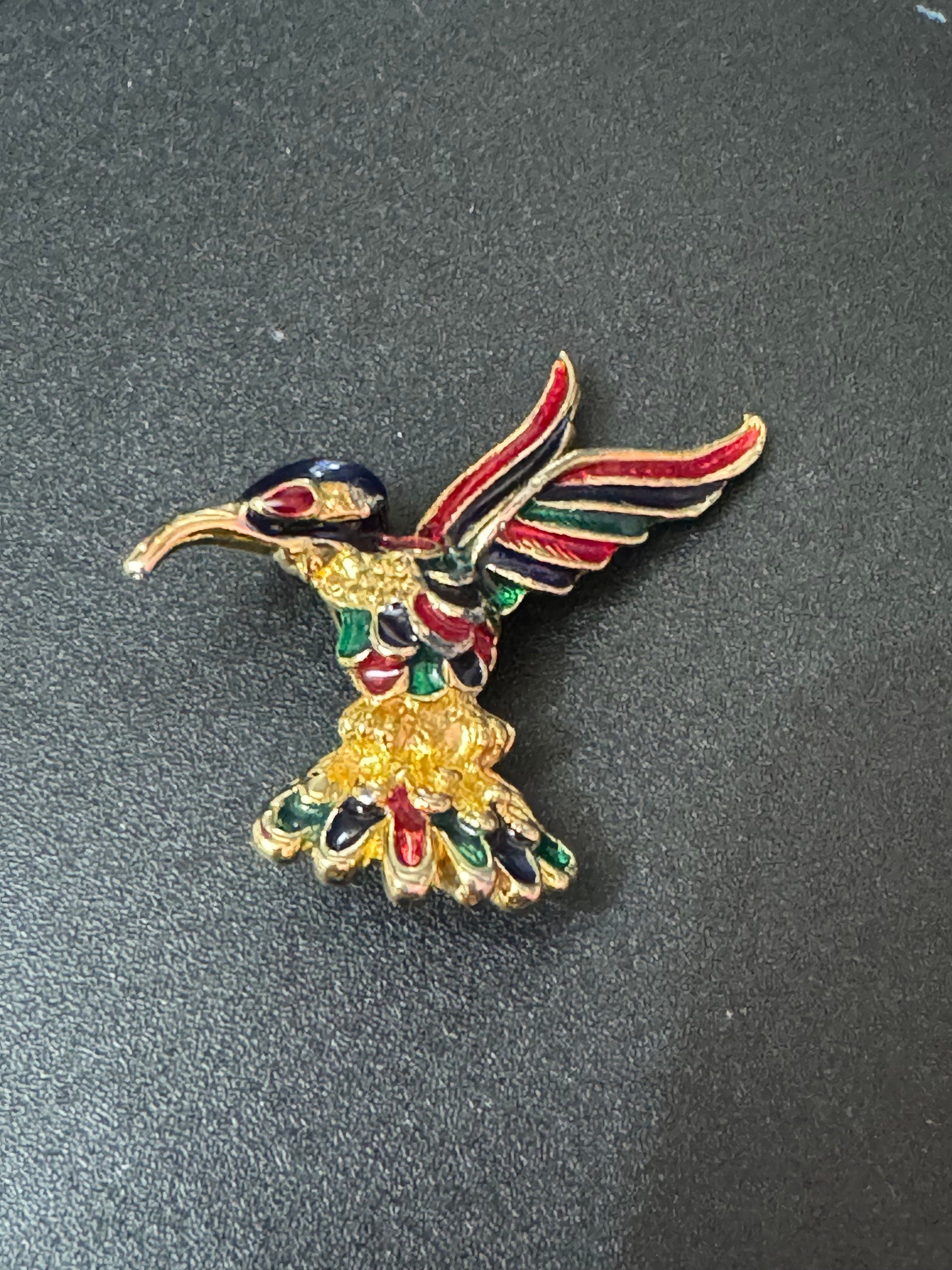 Vintage gold tone blue green enamel Hummingbird kingfisher bird brooch