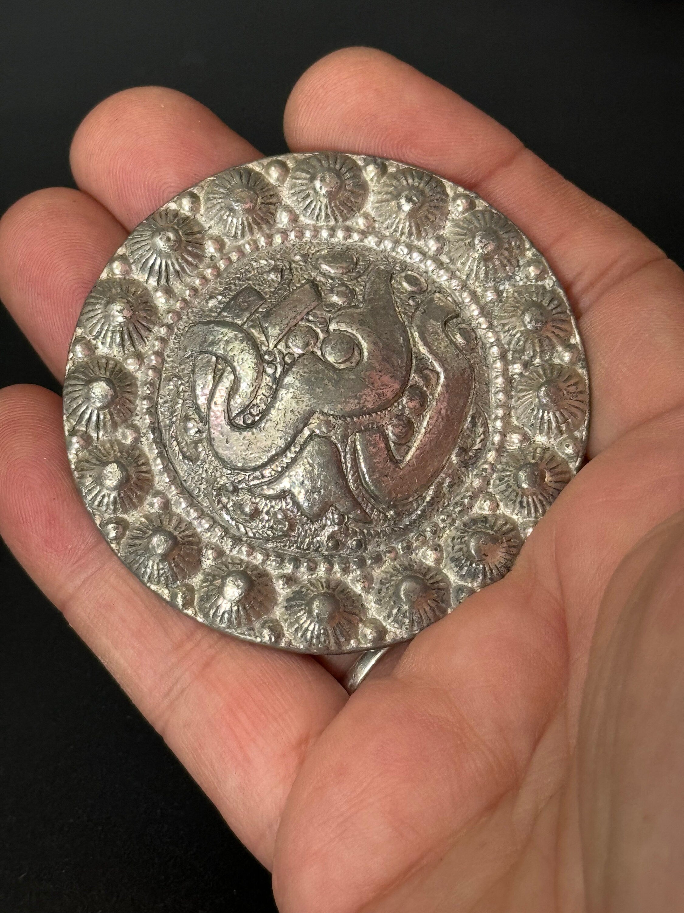 Large Vintage Silver tone Metal Arabic shield Brooch with raised cannetille design