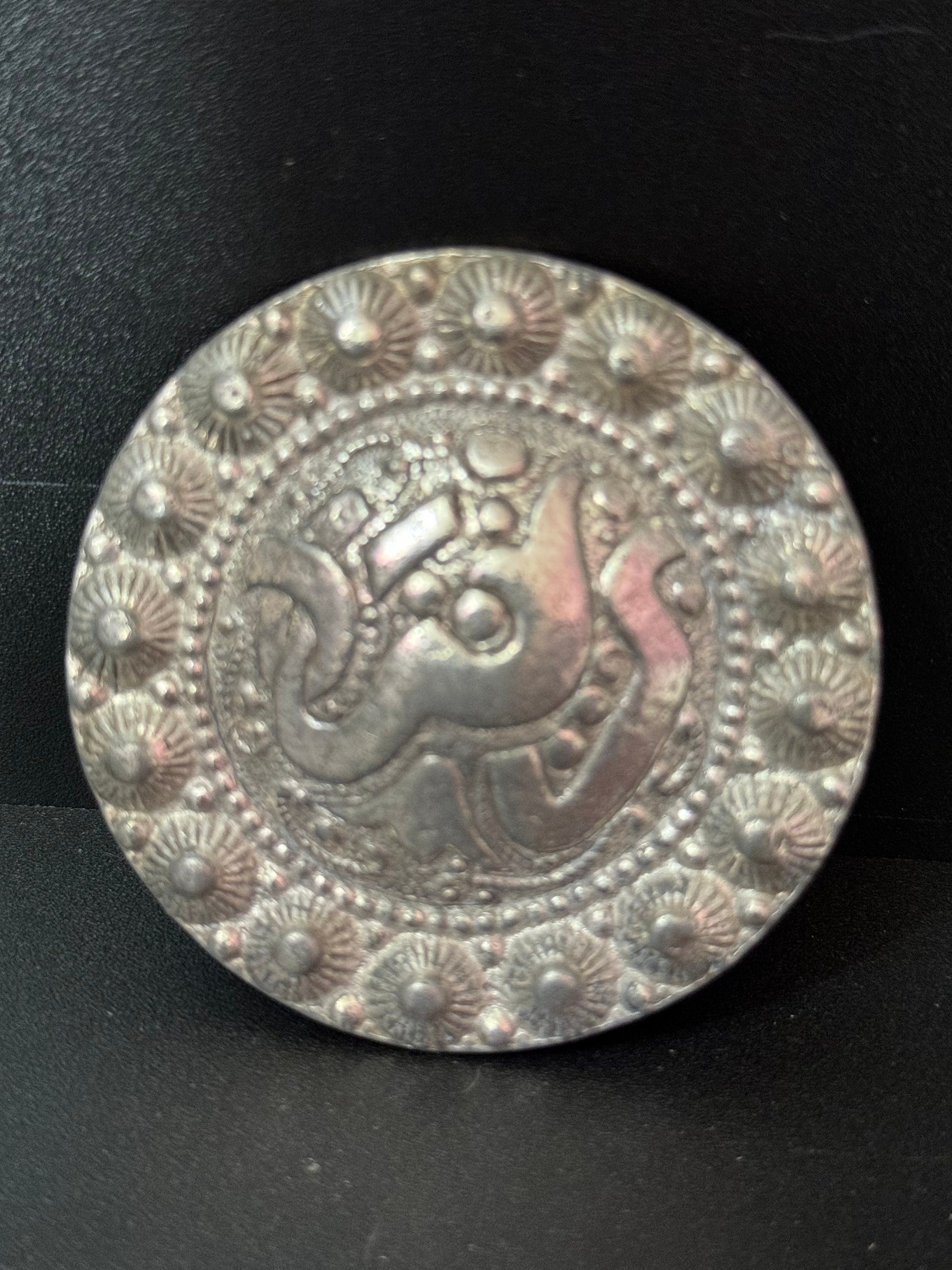 Large Vintage Silver tone Metal Arabic shield Brooch with raised cannetille design