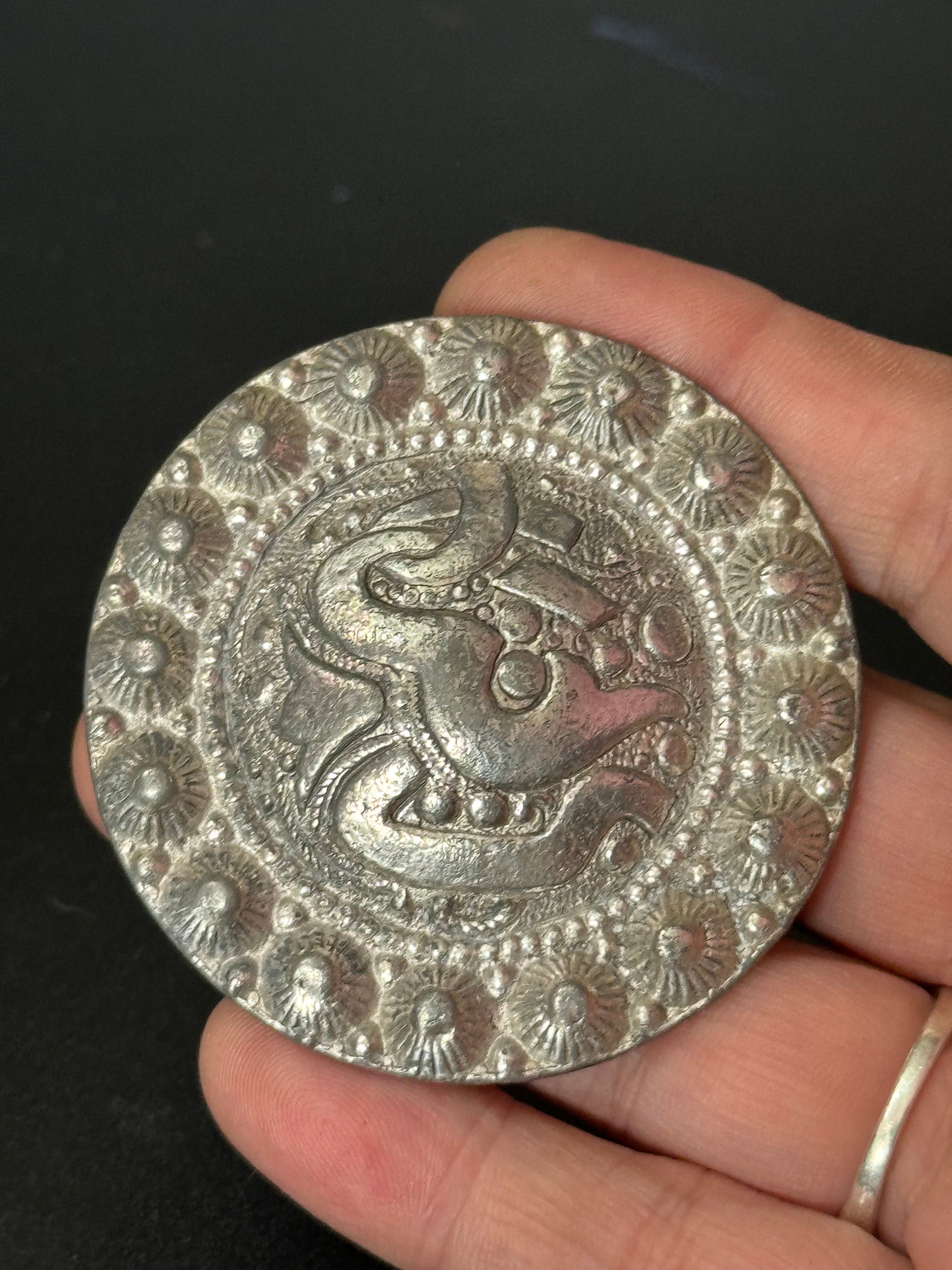 Large Vintage Silver tone Metal Arabic shield Brooch with raised cannetille design