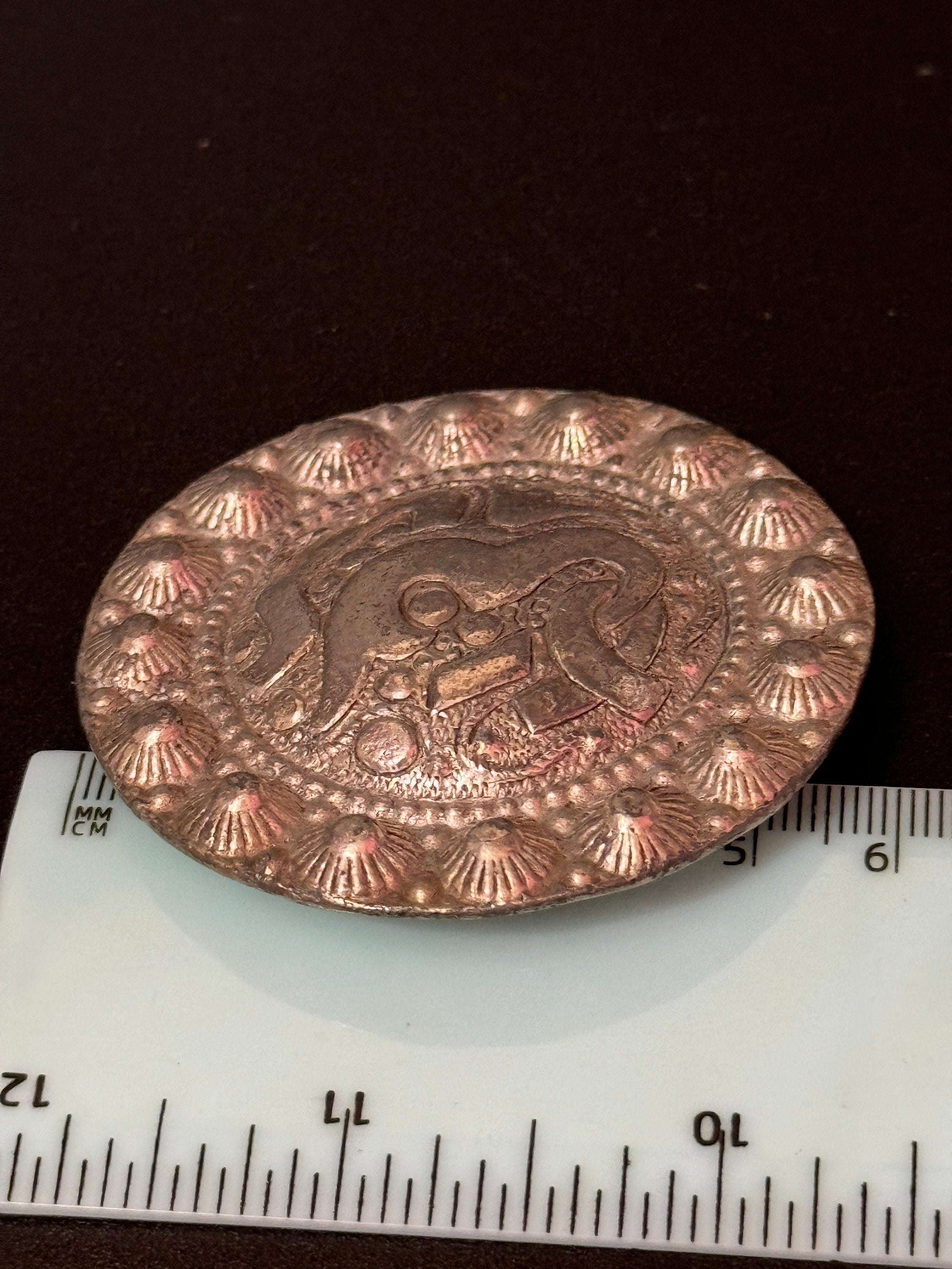 Large Vintage Silver tone Metal Arabic shield Brooch with raised cannetille design