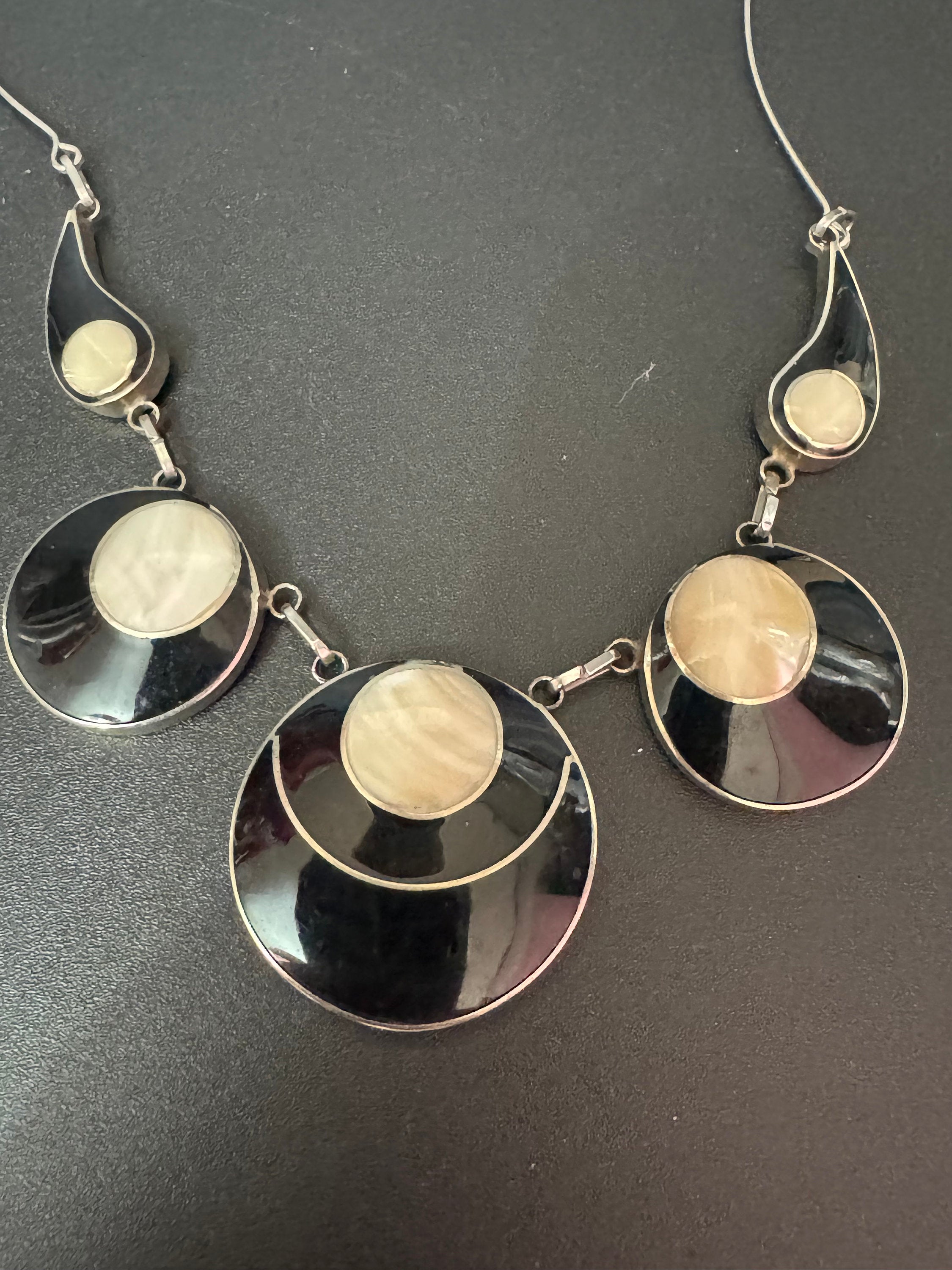 Ornate Silver Necklace: Black Enamel, Mother of Pearl, Modernist Design