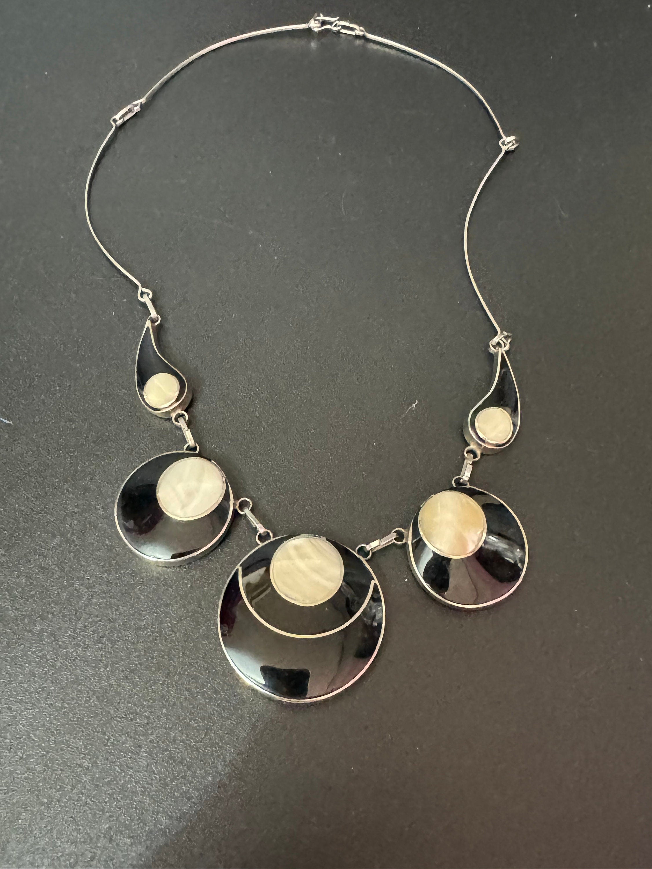 Ornate Silver Necklace: Black Enamel, Mother of Pearl, Modernist Design