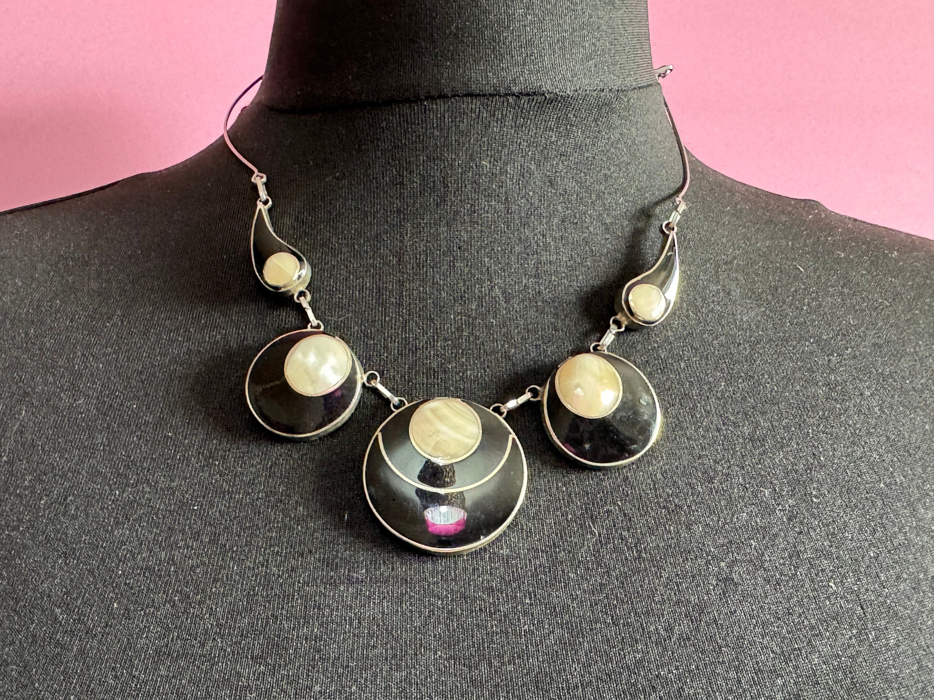 Ornate Silver Necklace: Black Enamel, Mother of Pearl, Modernist Design