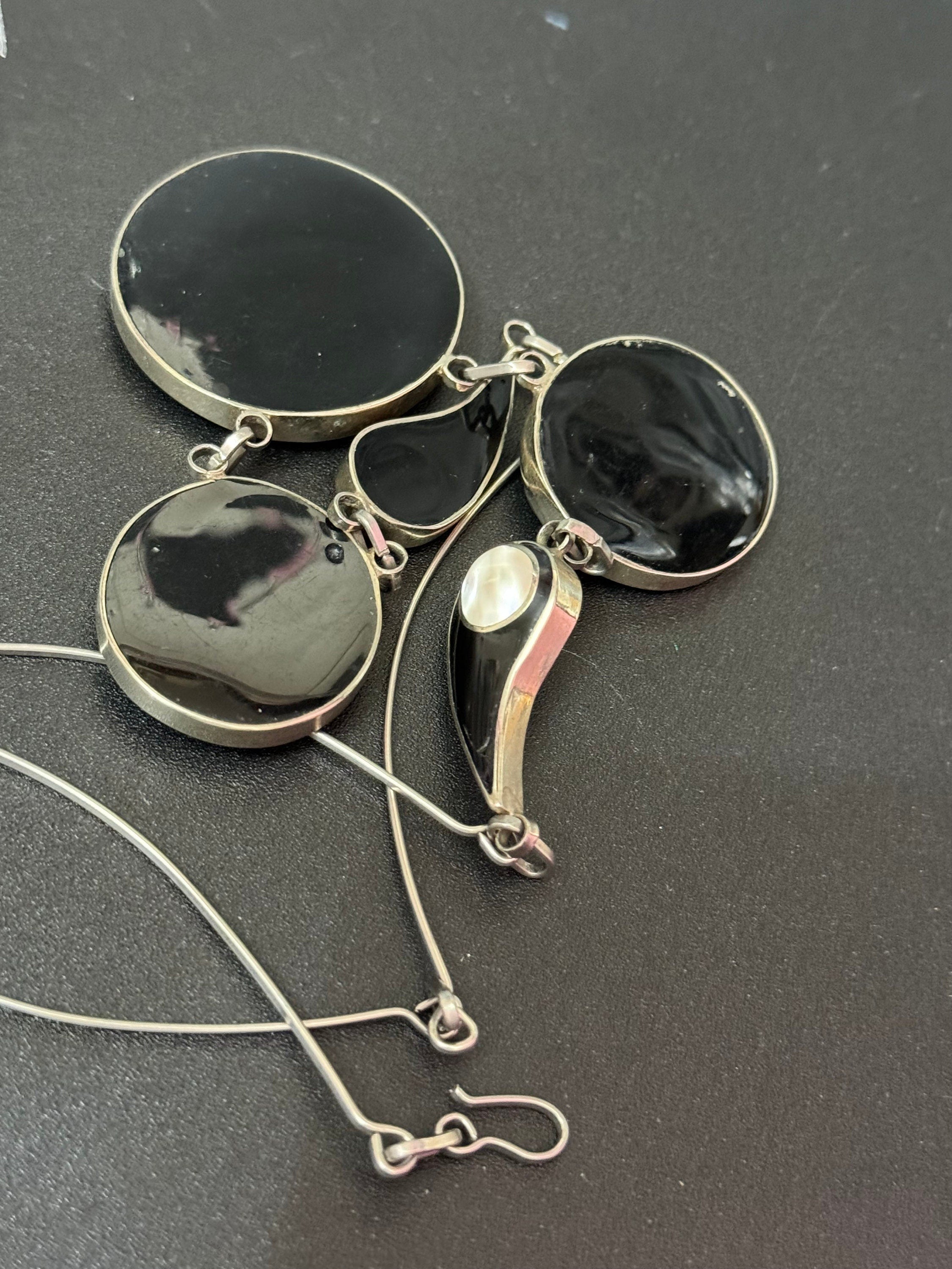Ornate Silver Necklace: Black Enamel, Mother of Pearl, Modernist Design