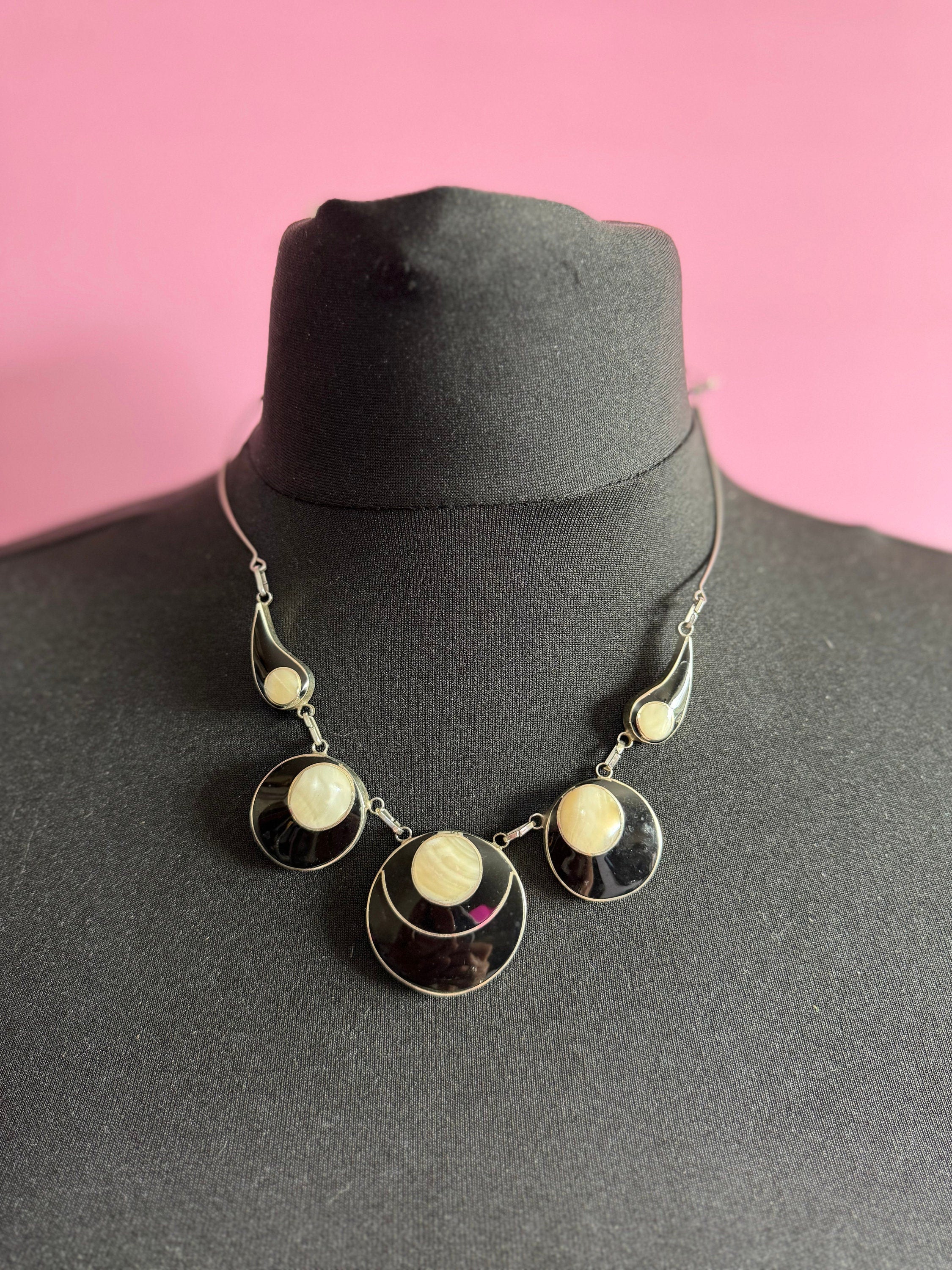 Ornate Silver Necklace: Black Enamel, Mother of Pearl, Modernist Design