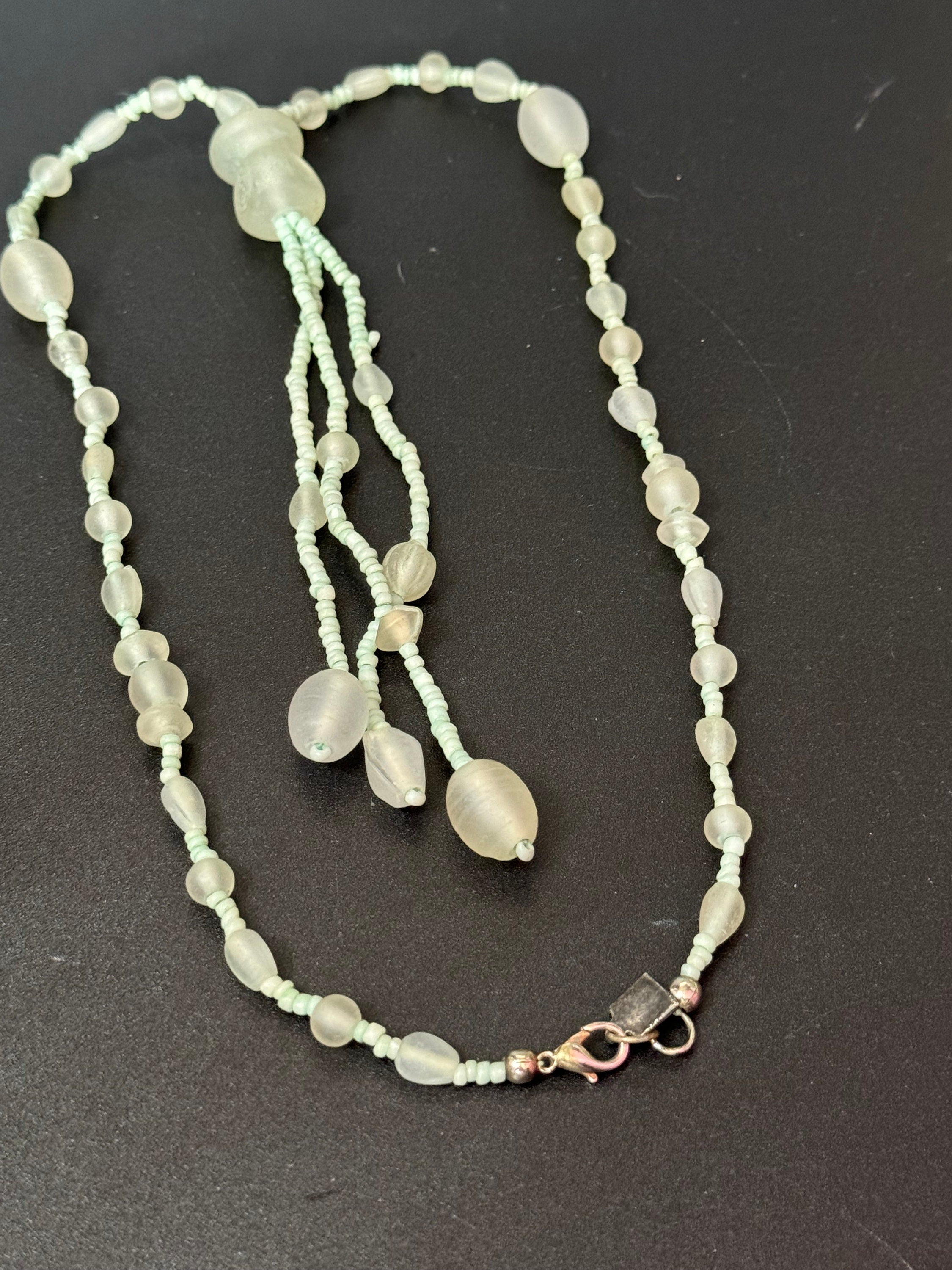 Signed MARC LABAT designer sea green opaque glass beaded tassel necklace 55cm