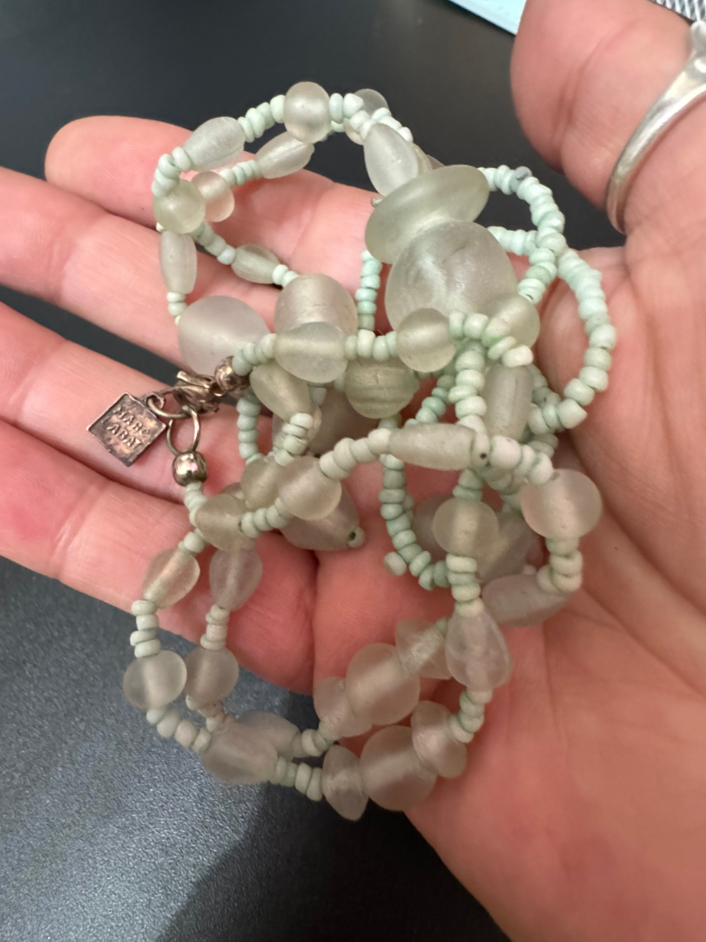 Signed MARC LABAT designer sea green opaque glass beaded tassel necklace 55cm