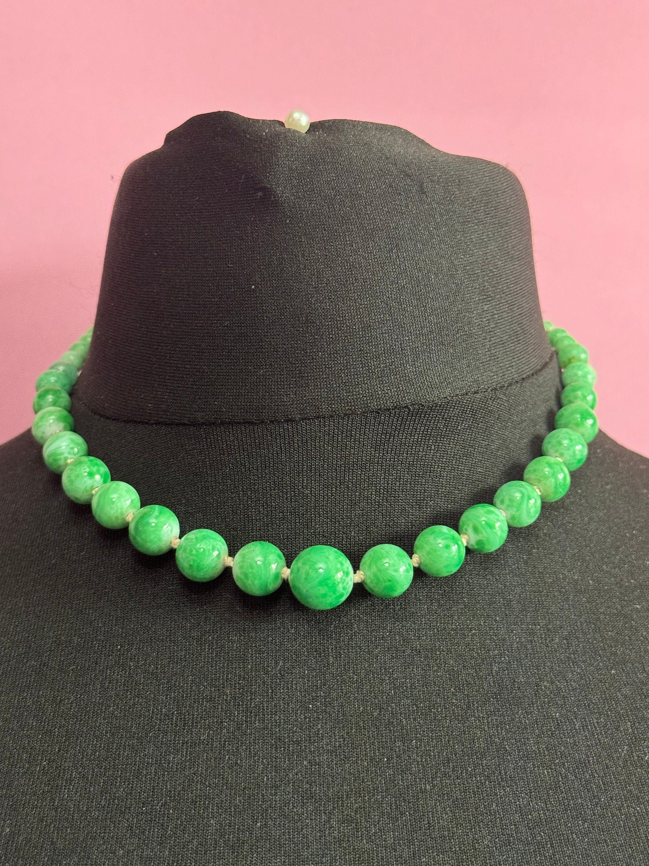 Art Deco czech gold tone metal necklace with green peking glass or ceramic stones