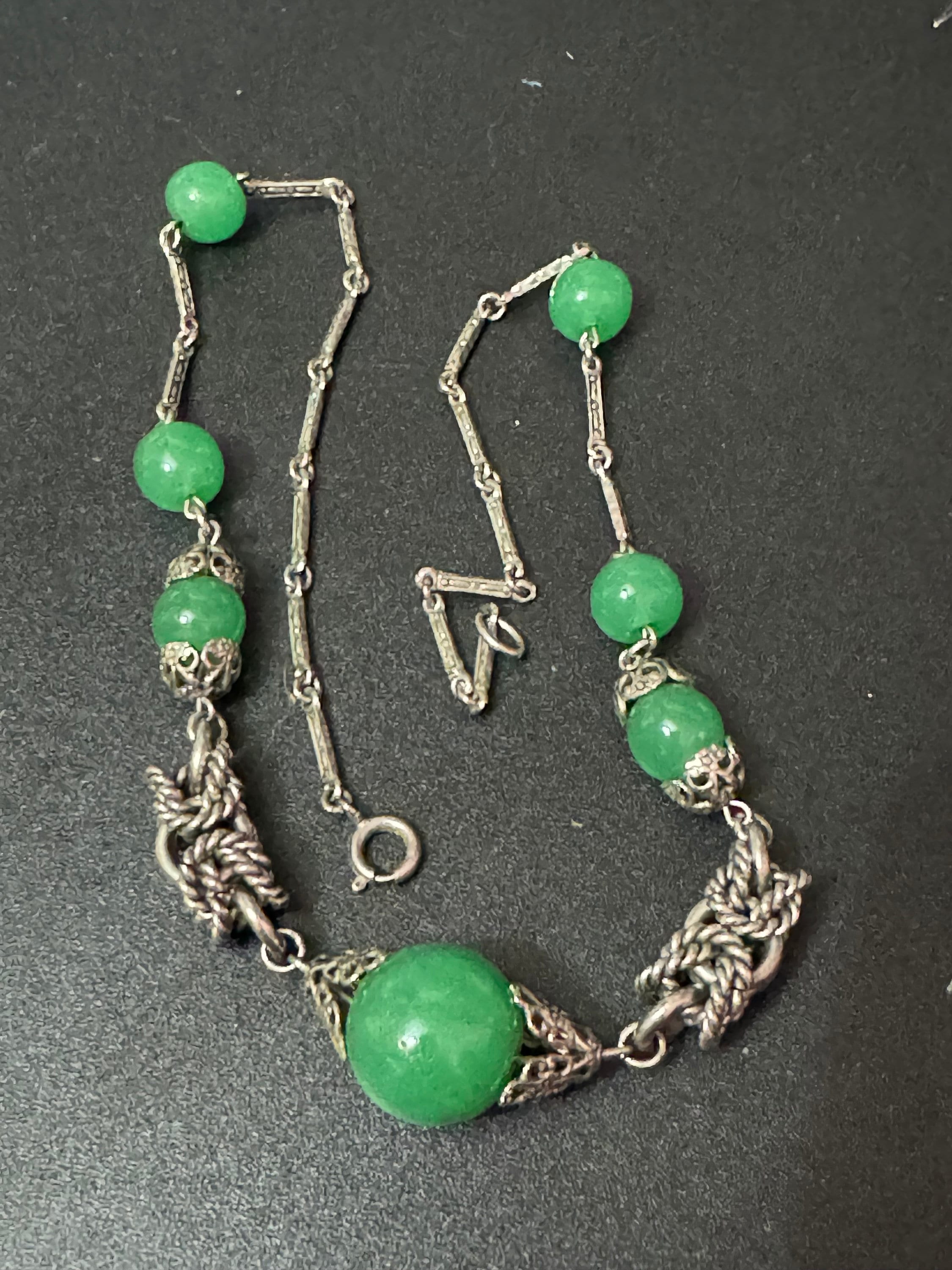 UV Reactive Art Deco czech silver tone rope twist metal filigree choker necklace uranium chrysoprase beads 43cm