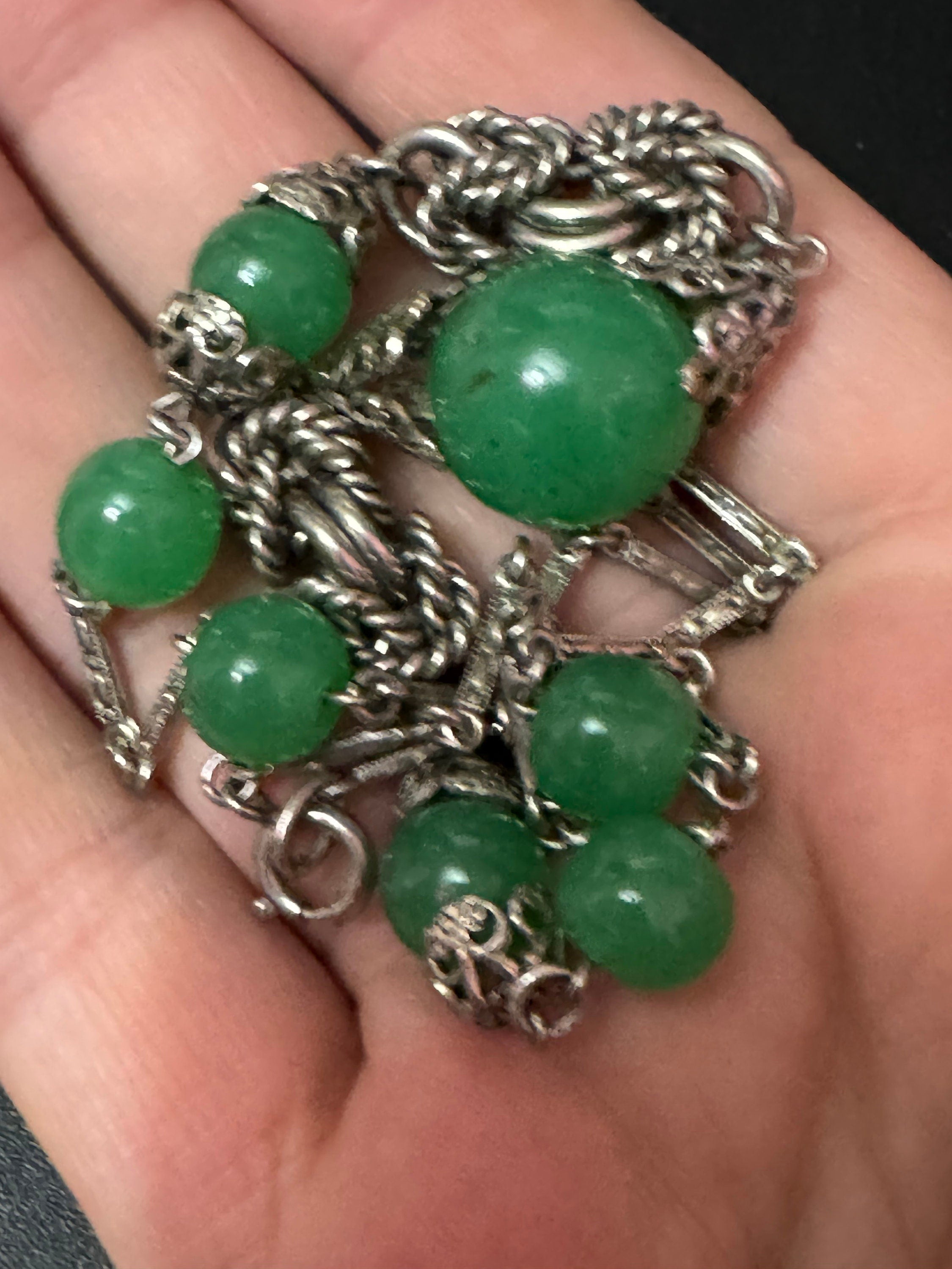 UV Reactive Art Deco czech silver tone rope twist metal filigree choker necklace uranium chrysoprase beads 43cm
