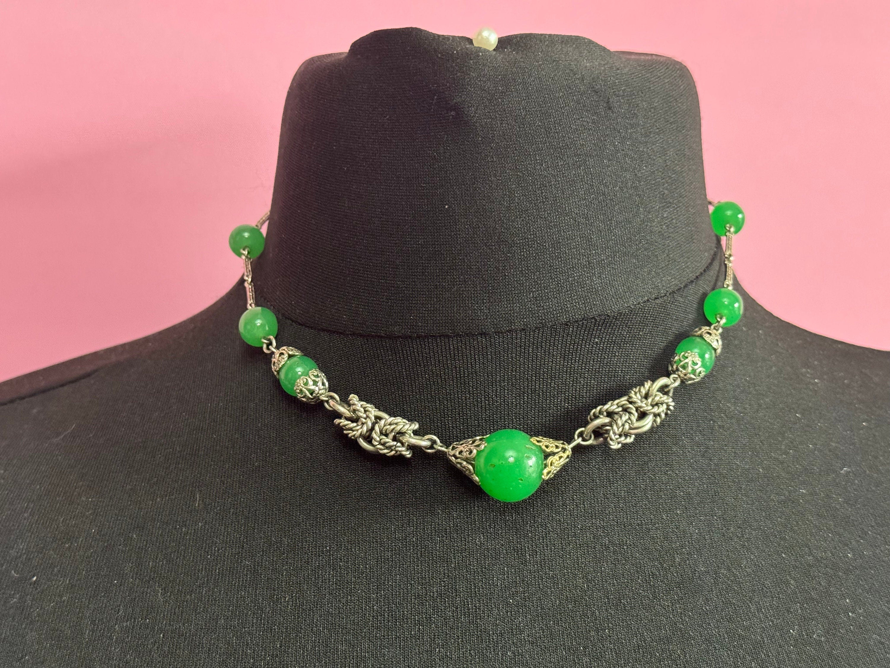 UV Reactive Art Deco czech silver tone rope twist metal filigree choker necklace uranium chrysoprase beads 43cm