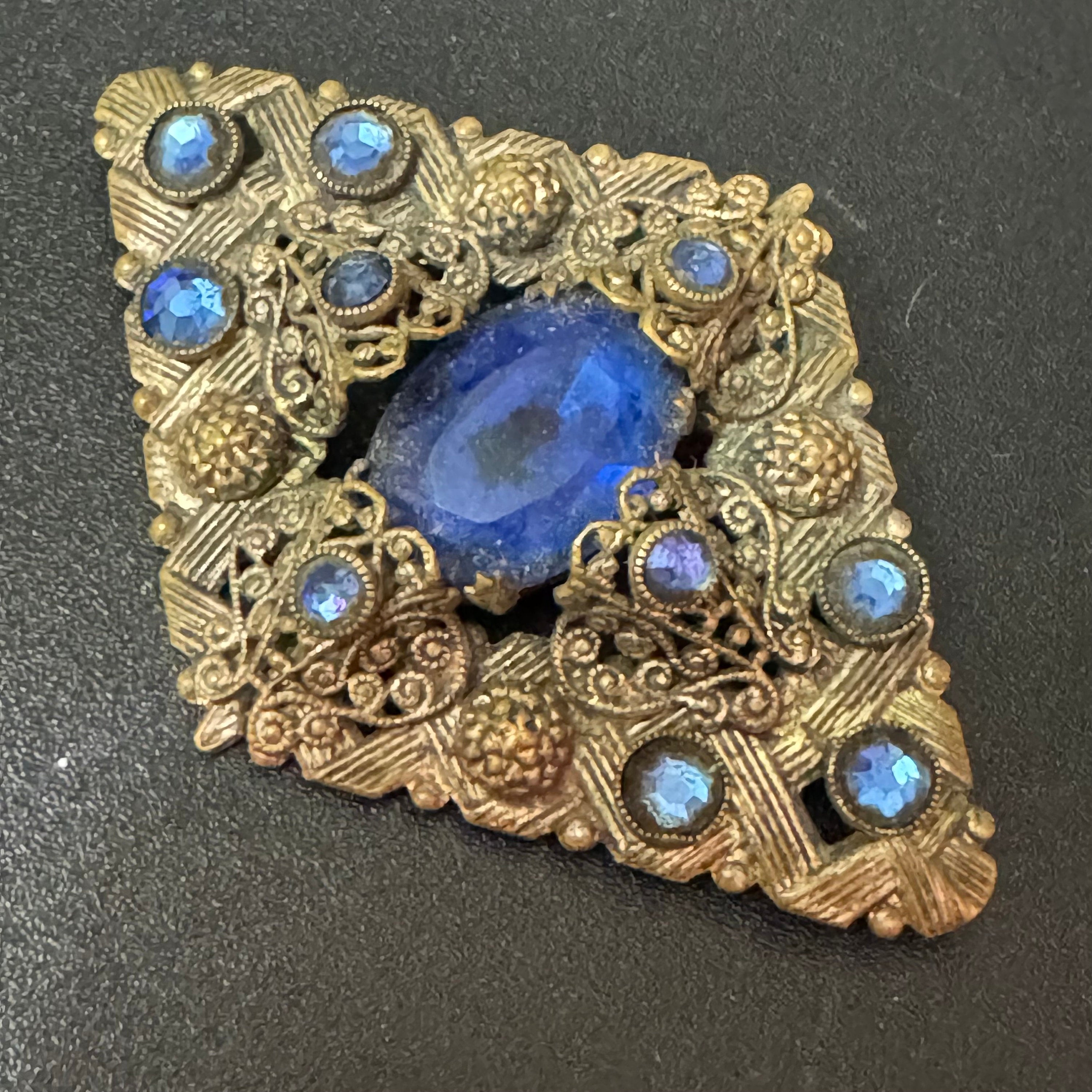 Vintage czech stamped metal brass bright blue glass diamanté large diamond shaped brooch art deco period