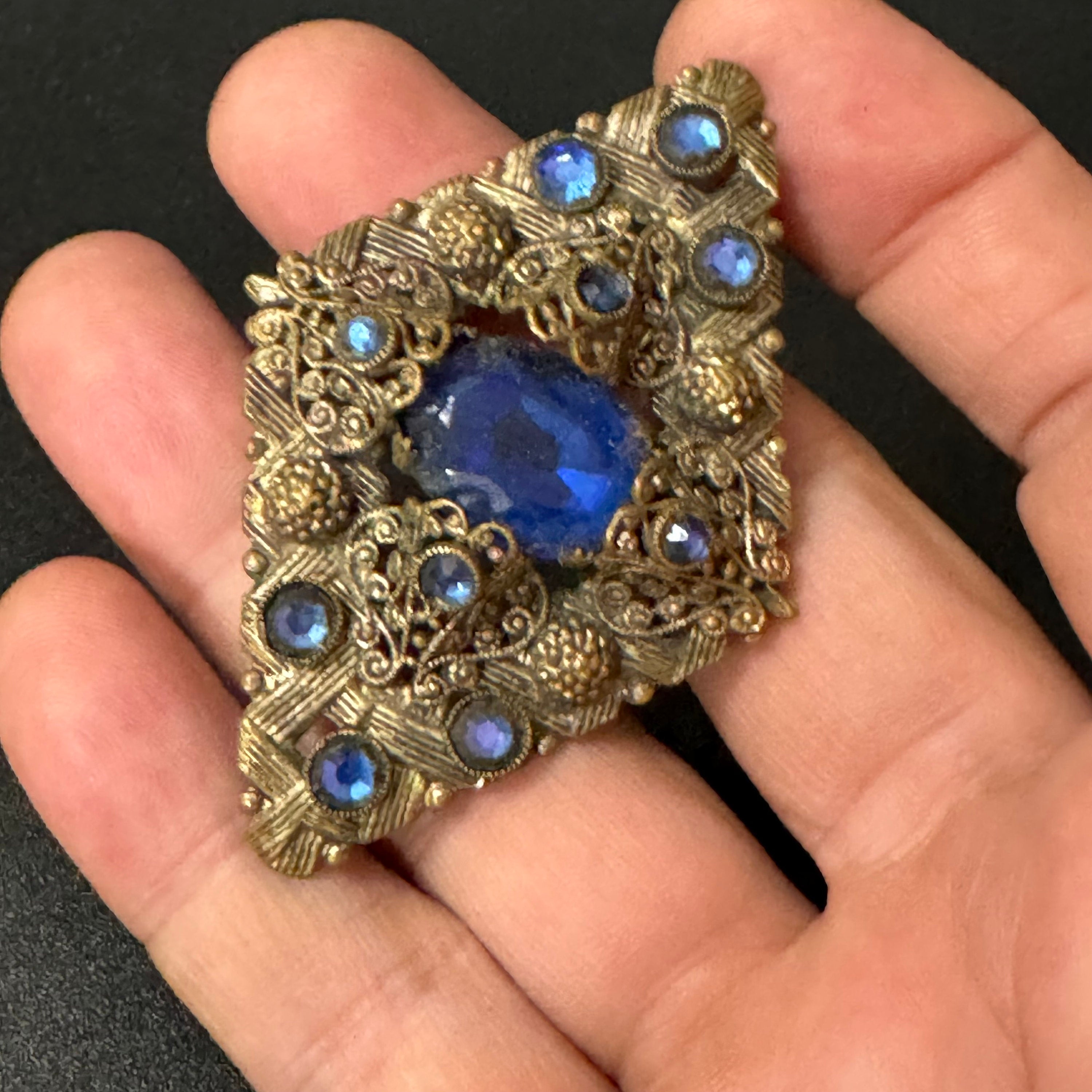Vintage Czech Art Deco Brooch: Stamped Brass, Blue Glass Diamanté