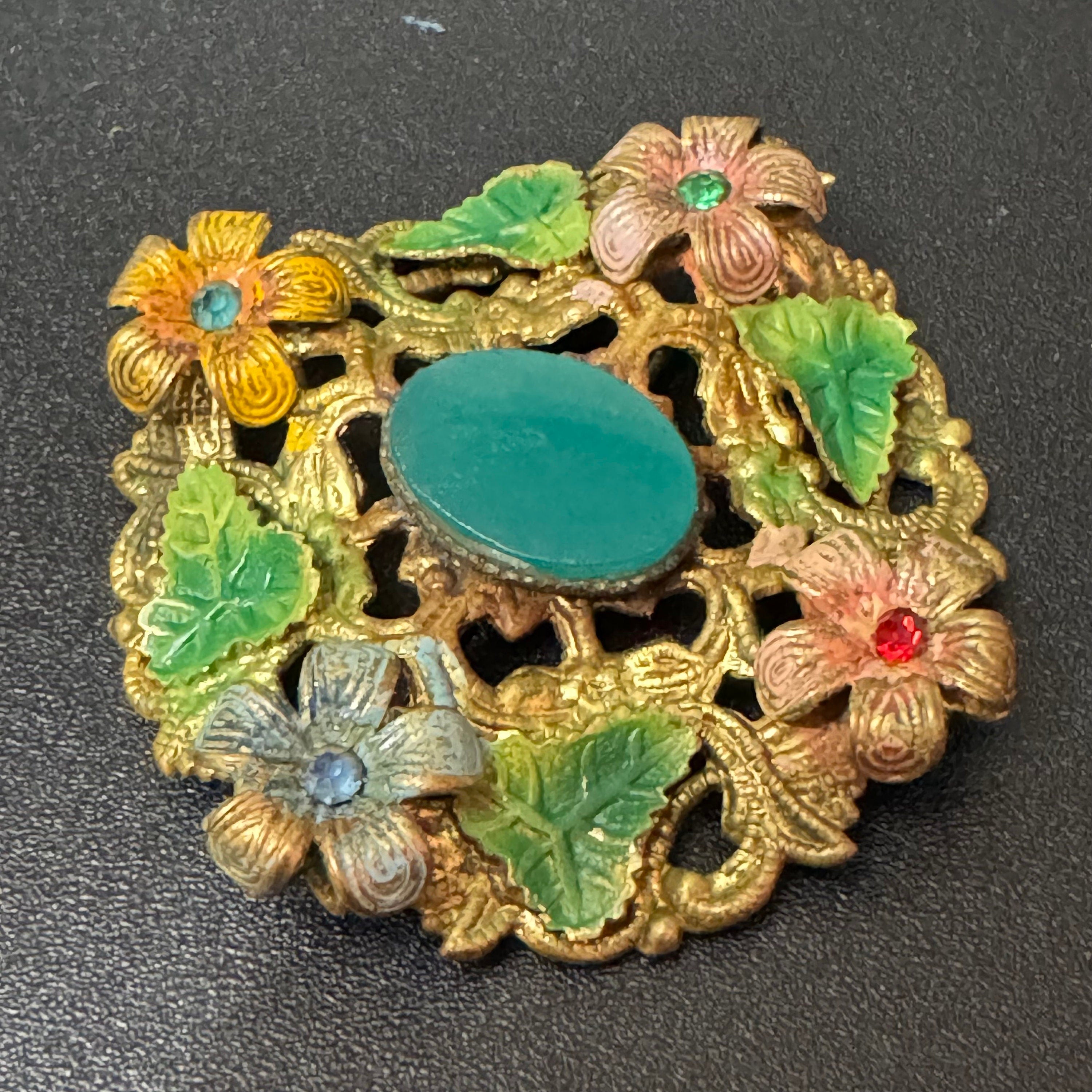 Art Deco Czech Brooch: Brass Metal Leaf, Enamel, Blue Green Cabochon