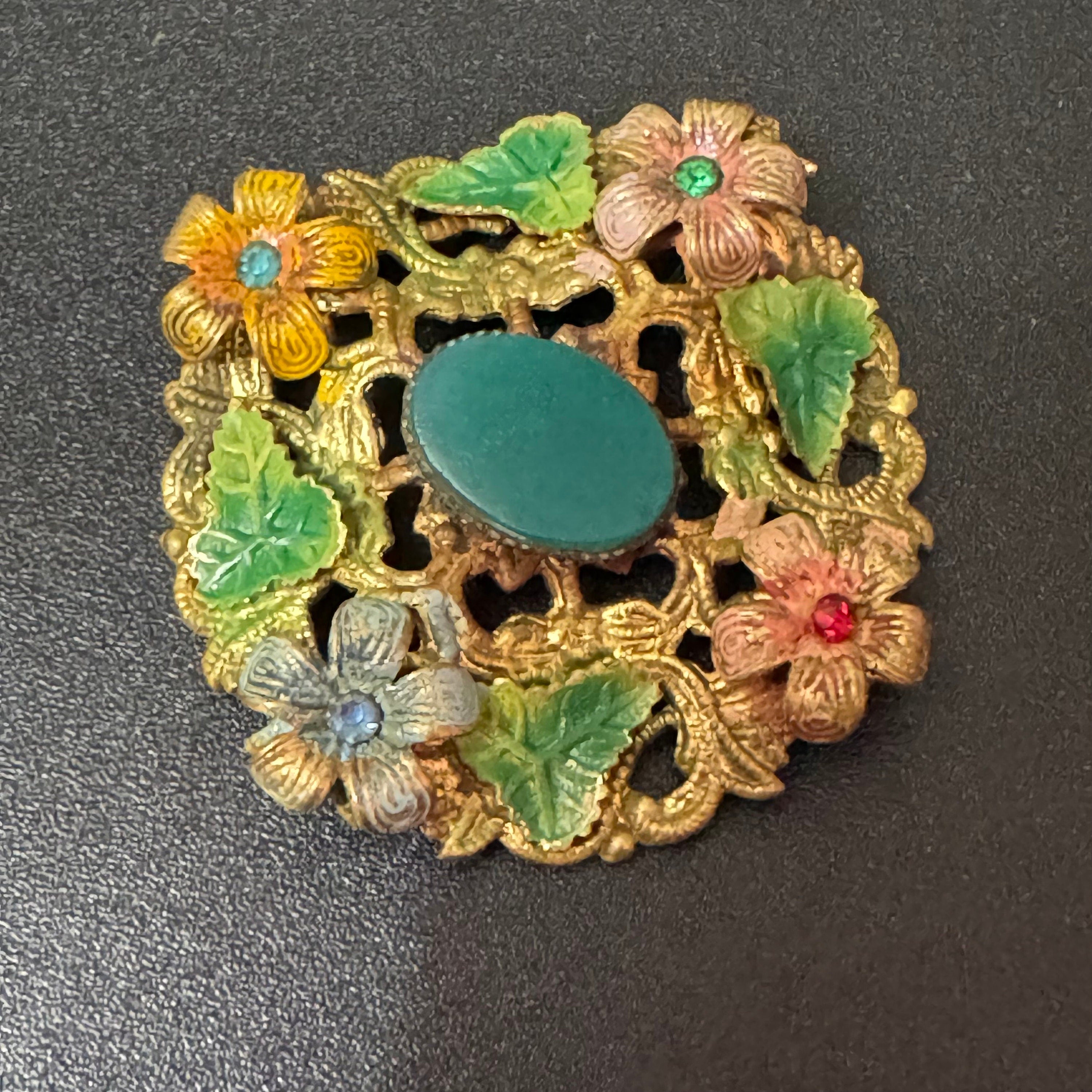 Art Deco Czech Brooch: Brass Metal Leaf, Enamel, Blue Green Cabochon