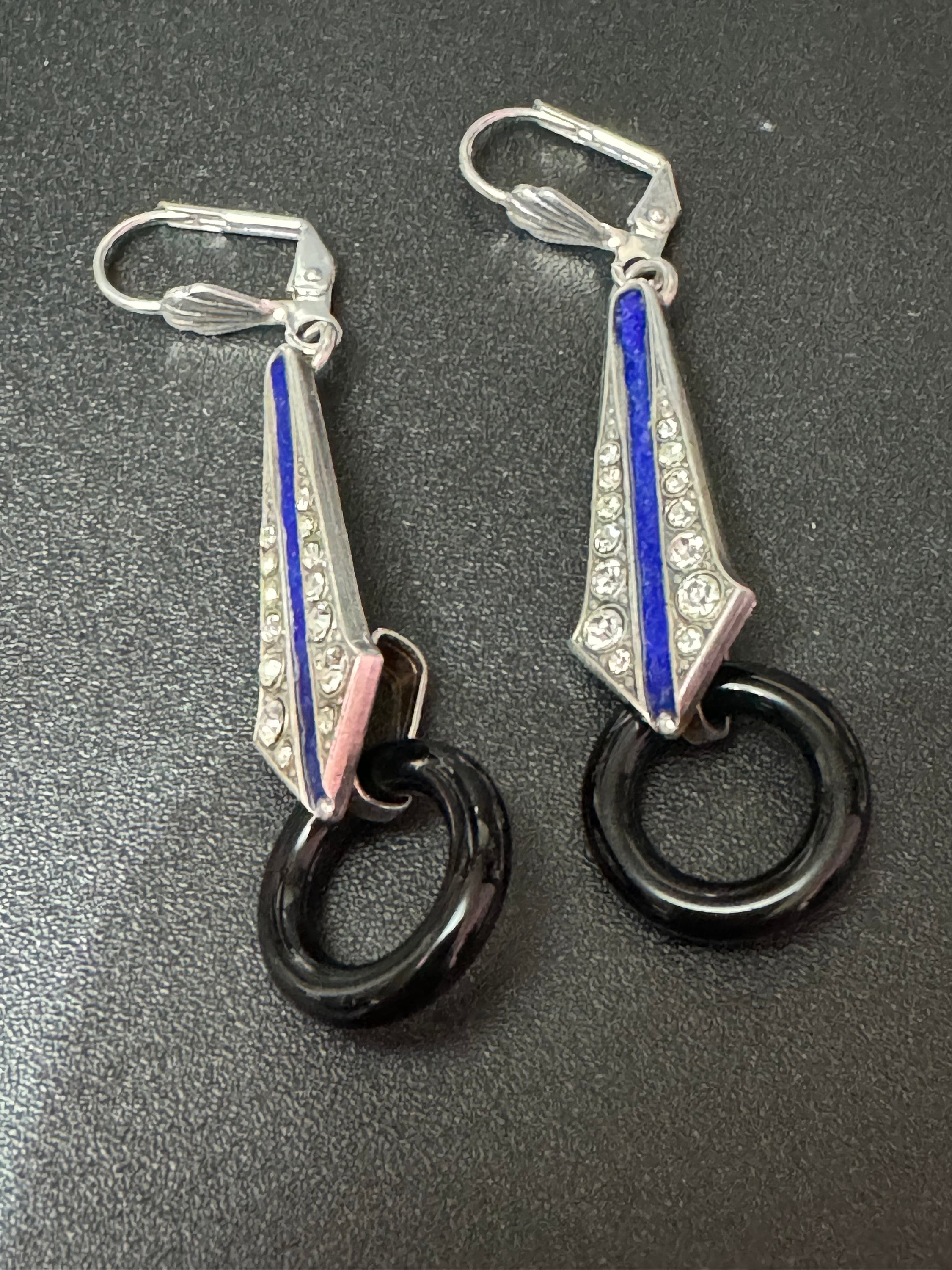 Art deco style blue enamel geometric silver plated drop earrings with onyx glass hoop pierced ears