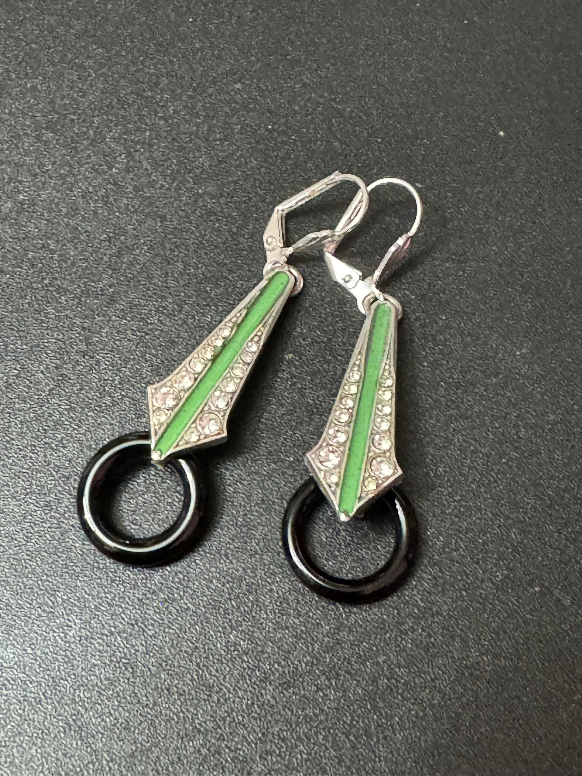 Art deco style green enamel geometric silver plated drop earrings with onyx glass hoop pierced ears