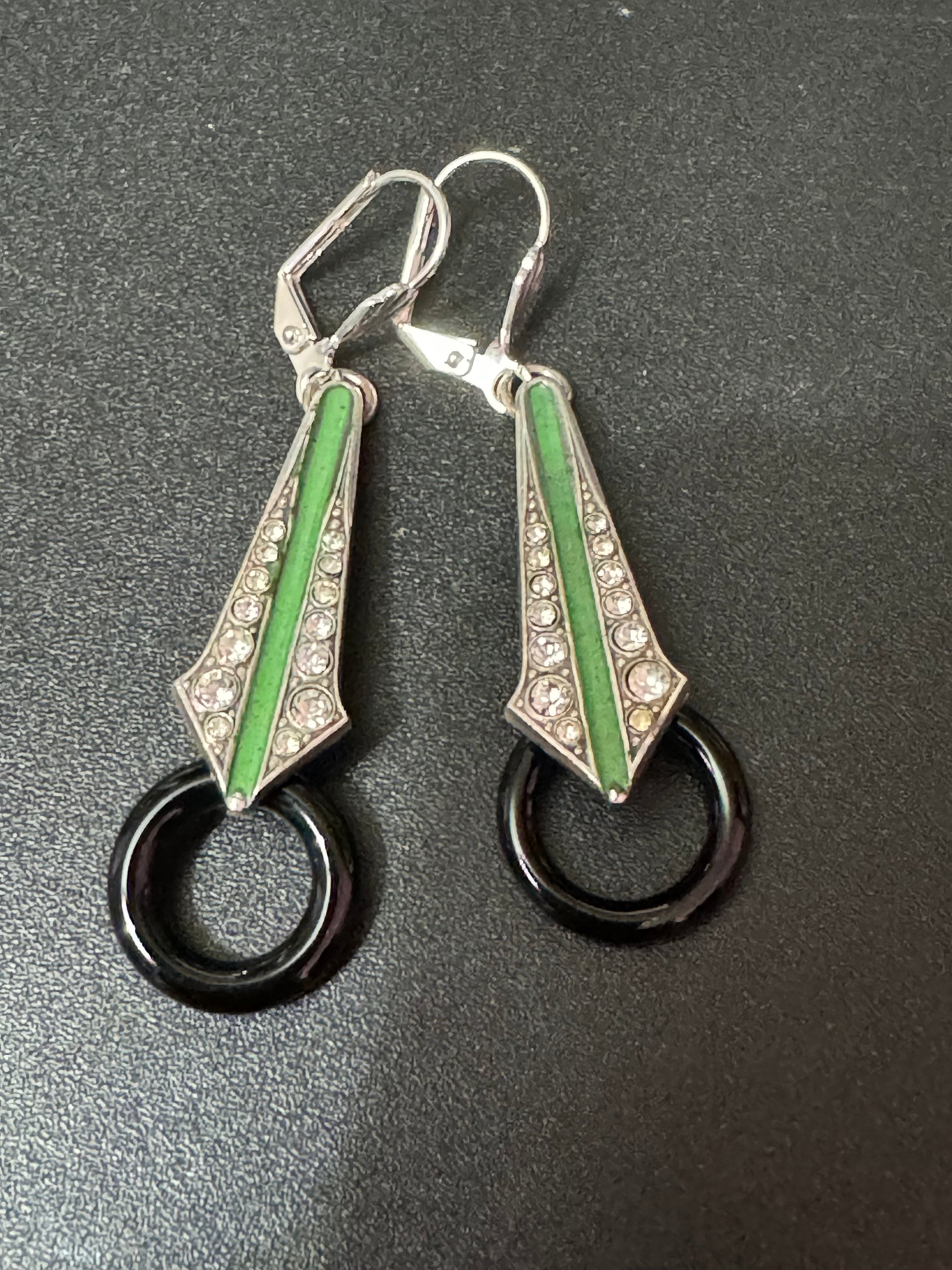 Art deco style green enamel geometric silver plated drop earrings with onyx glass hoop pierced ears