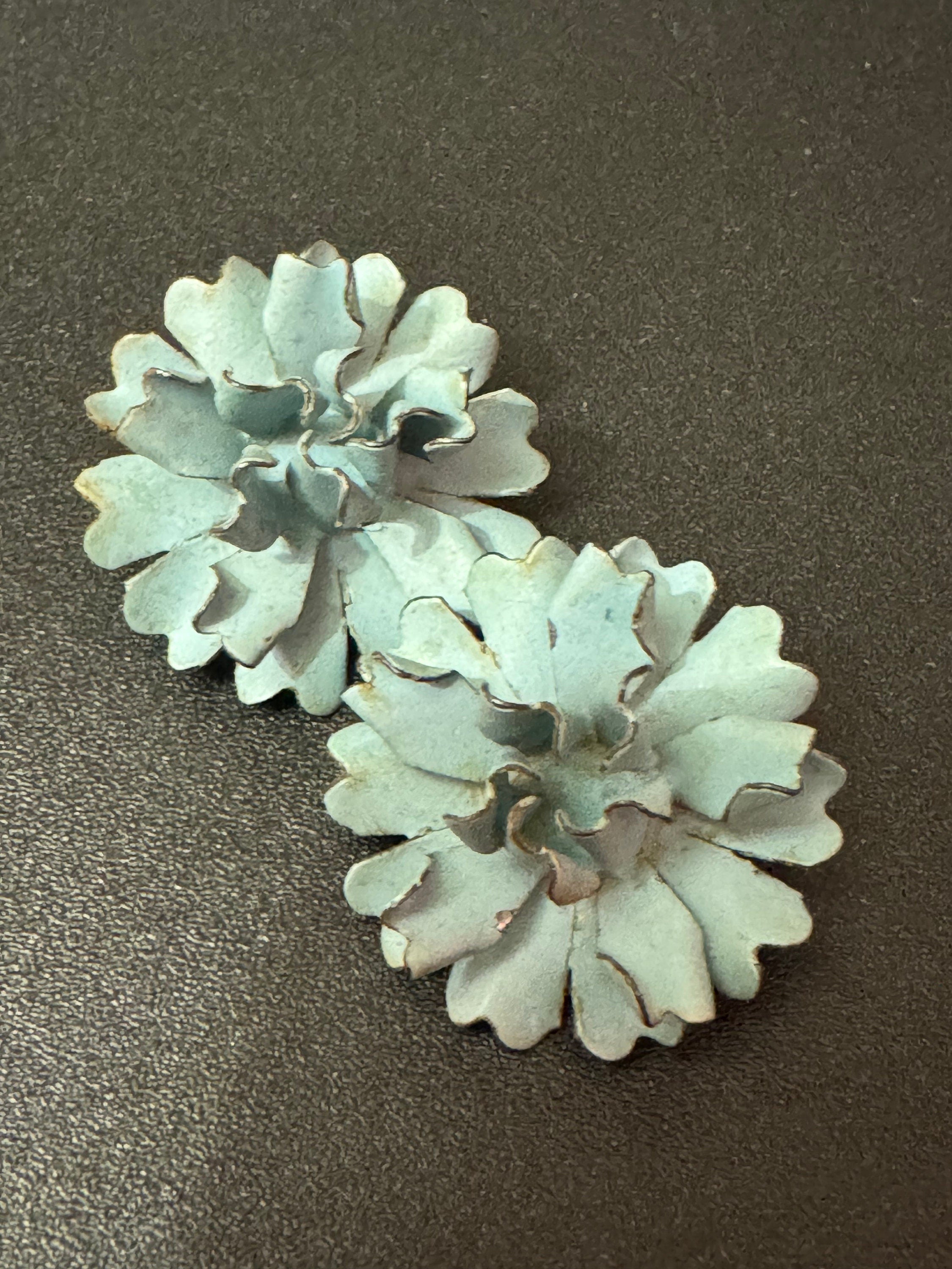 Vintage Czech cold painted enamel brass dusky blue floral clip on earrings