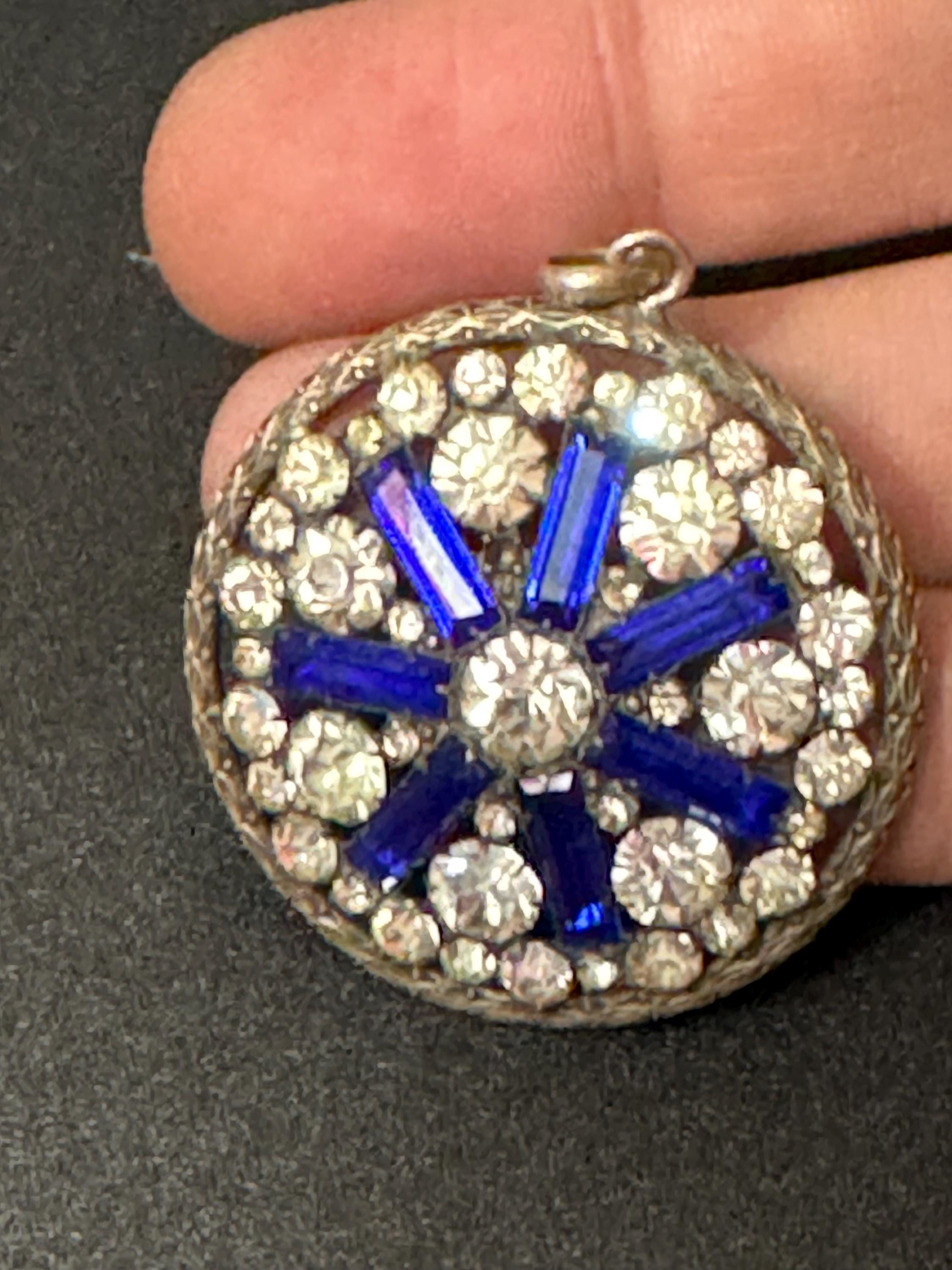 Antique cobalt blue baguette crystal and clear diamanté pendant stamped gilt silver tone  3.5cm