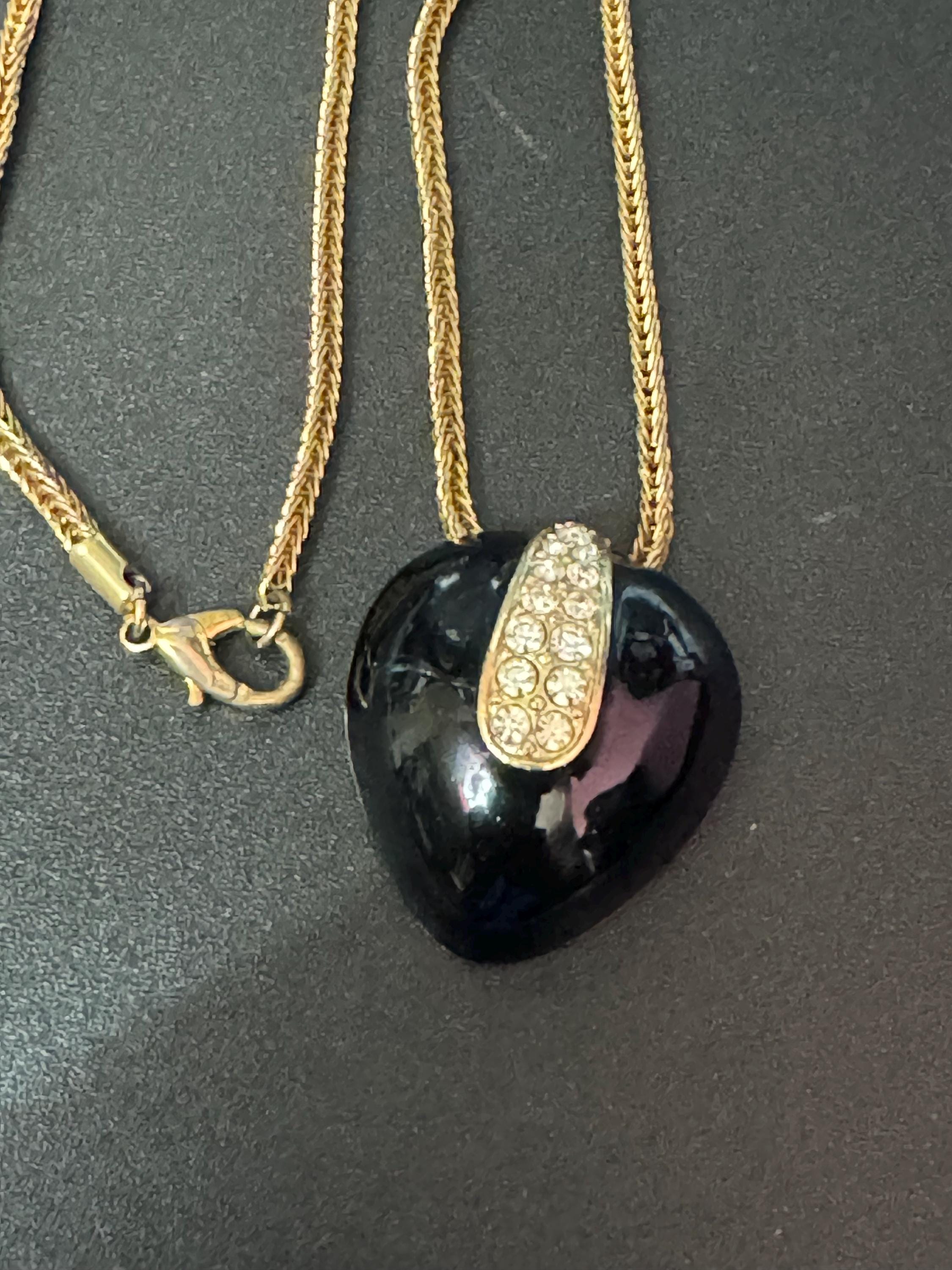 Signed A&S Attwood and Sawyer designer black enamel rhinestone clear crystal paste set pendant necklace gold tone