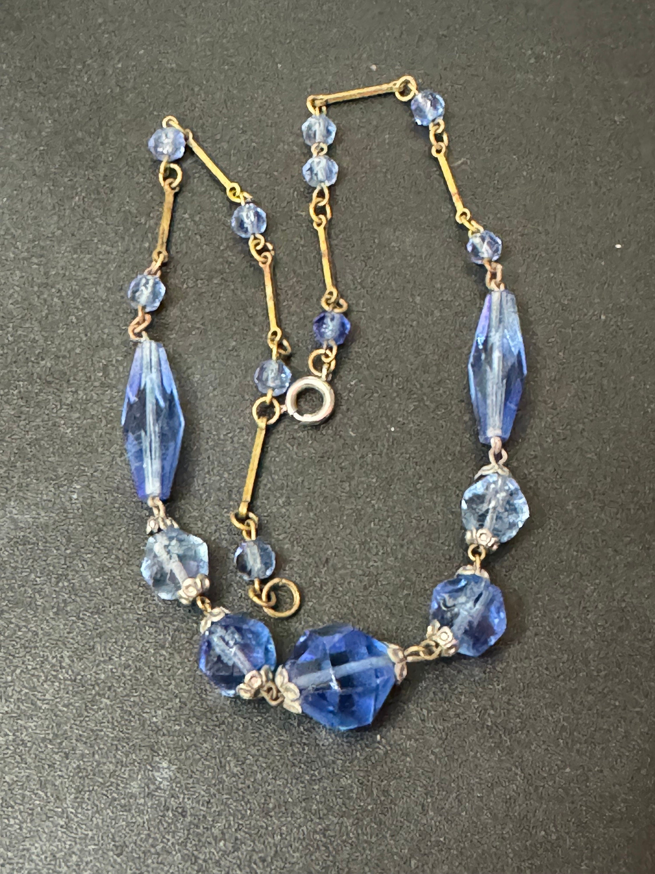 Art Deco Blue Faceted Glass Beaded Necklace - 1920s Petite Fit