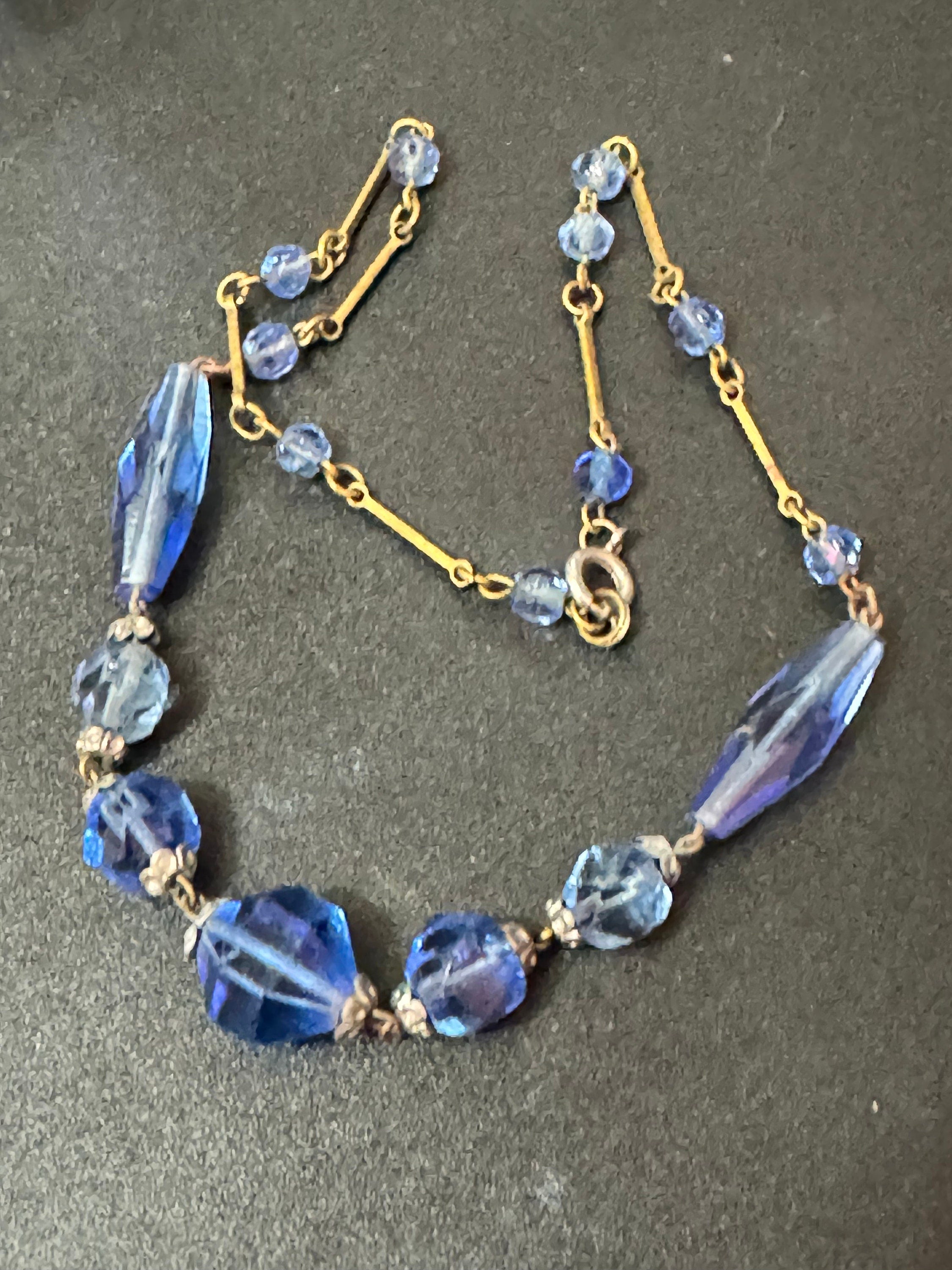 Art Deco Blue Faceted Glass Beaded Necklace - 1920s Petite Fit
