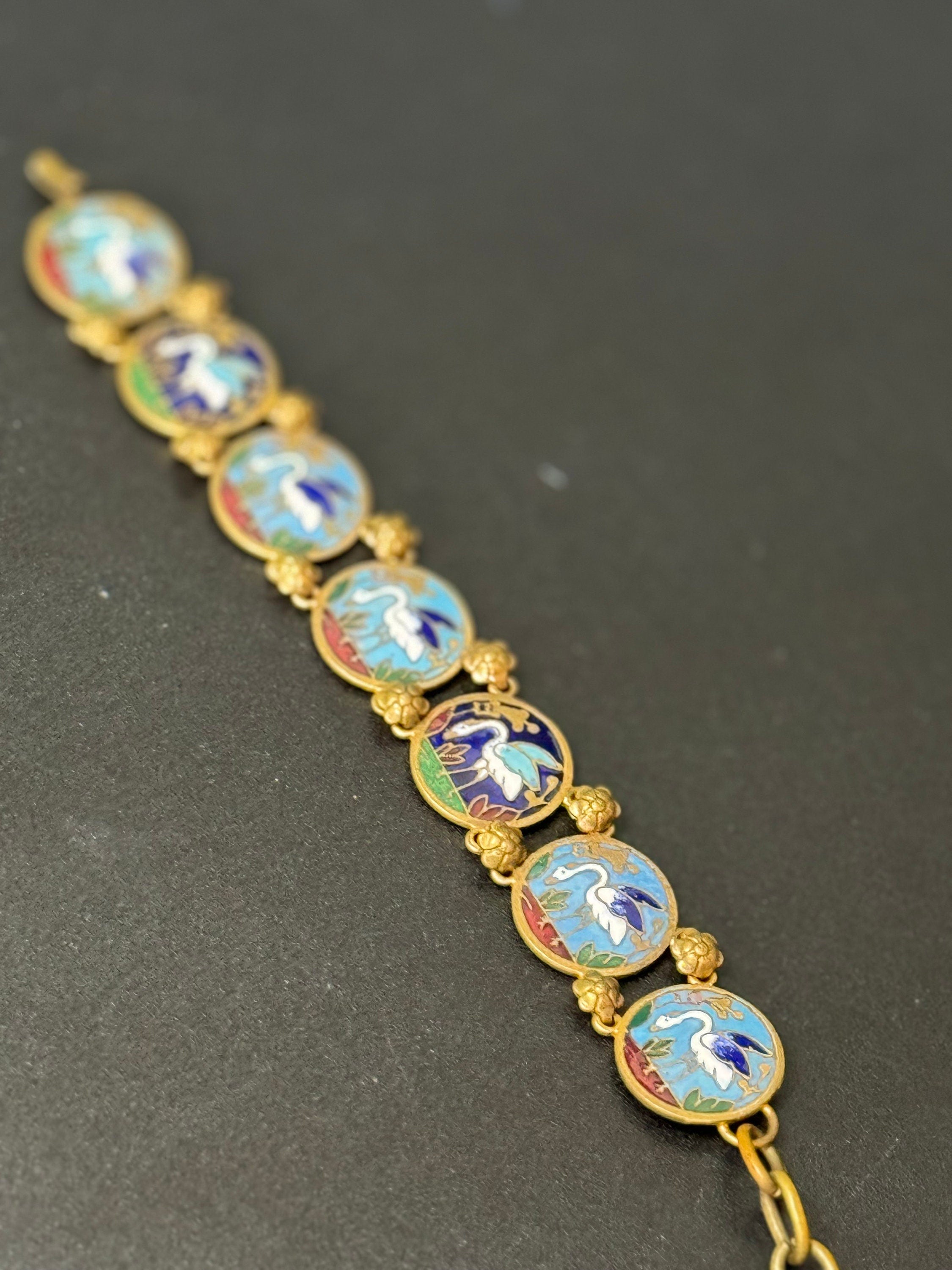 Czech filigree Japanese crane bird brass metal panel link enamel bracelet 1940s