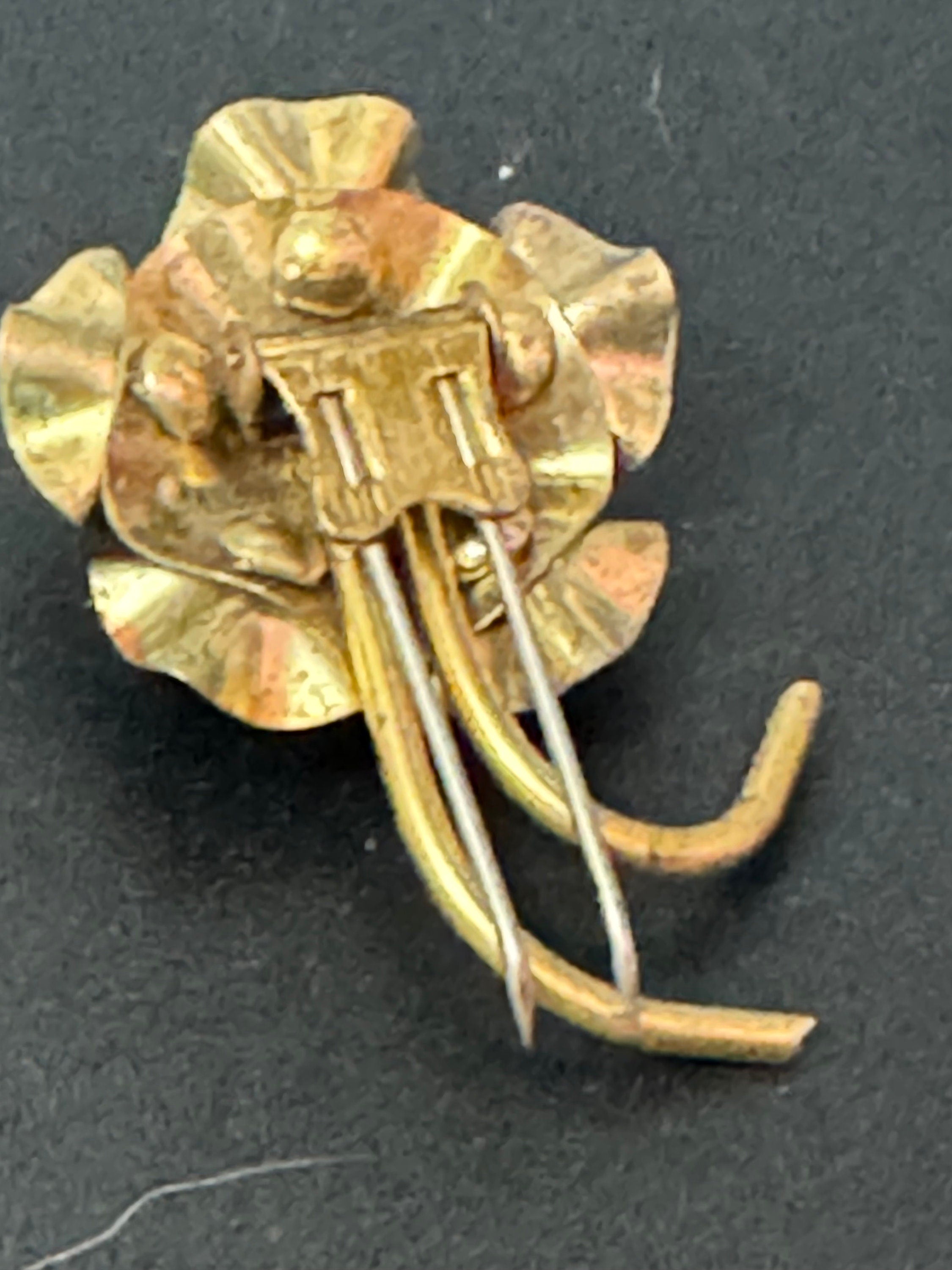 Art Deco Czech brass metal leaf cold painted enamel flower brooch fur clip