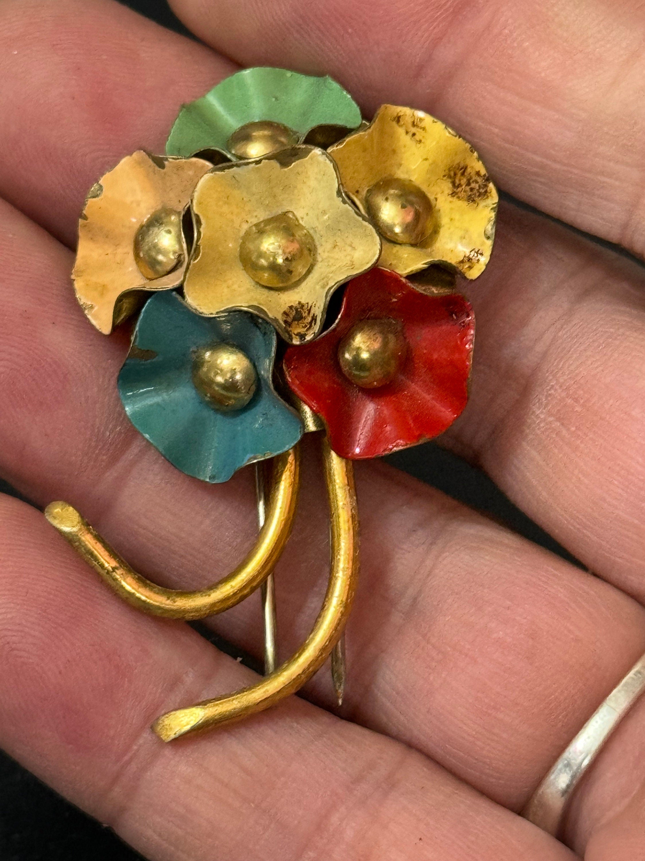 Art Deco Czech brass metal leaf cold painted enamel flower brooch fur clip