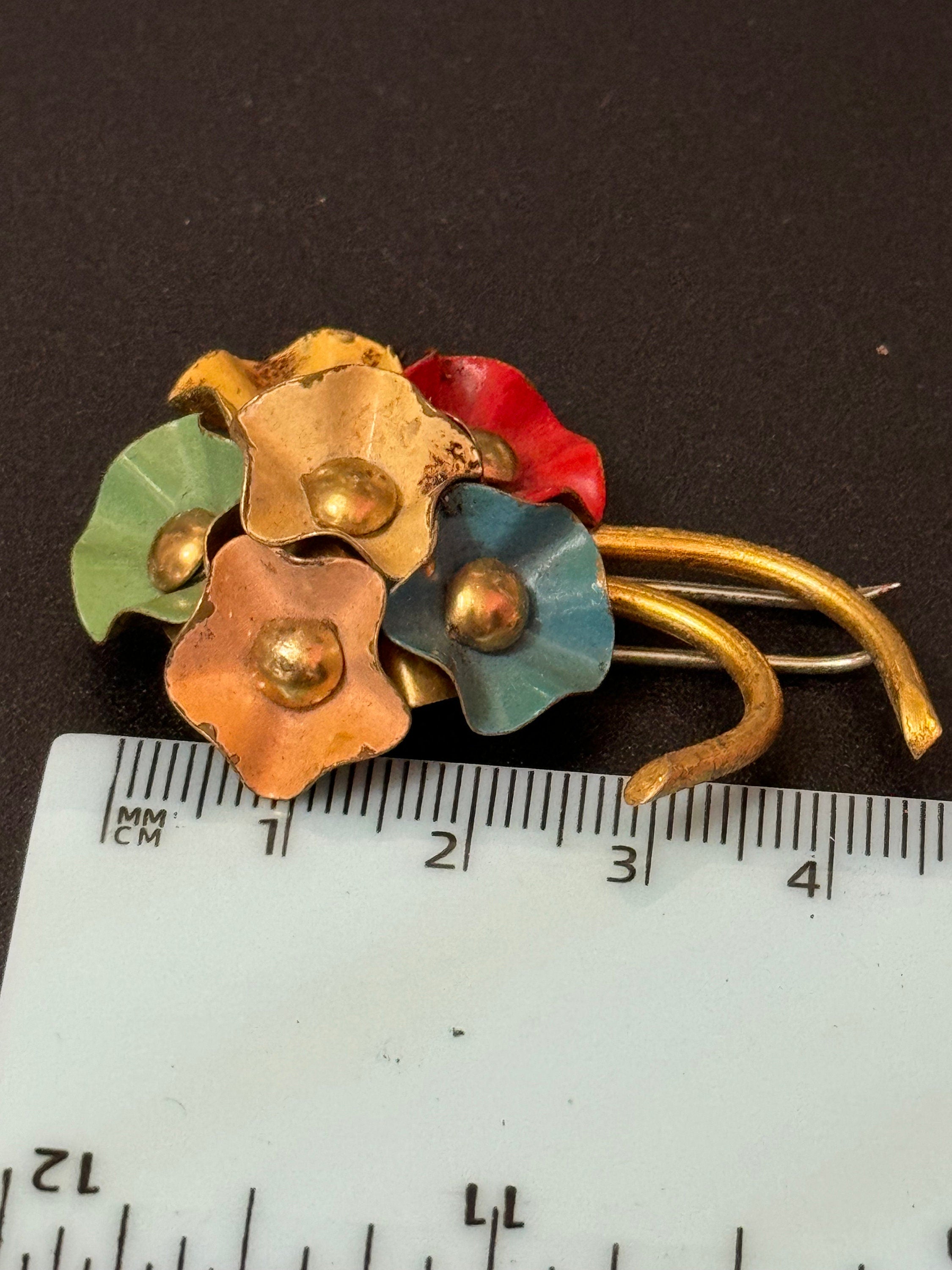 Art Deco Czech brass metal leaf cold painted enamel flower brooch fur clip