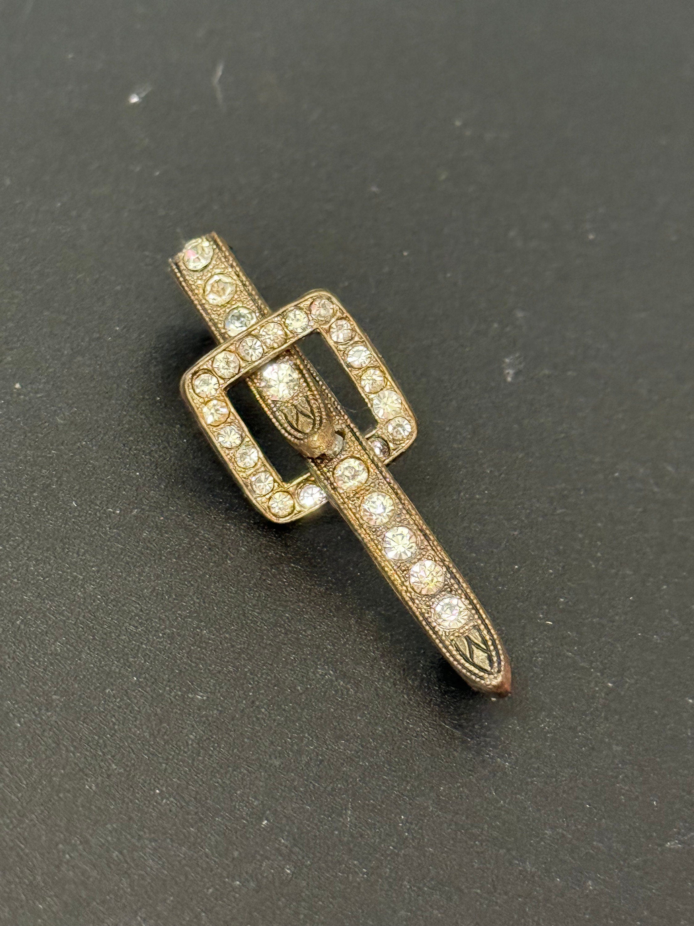Signed Czech Art deco belt buckle brooch set with clear diamanté paste rhinestones gold tone