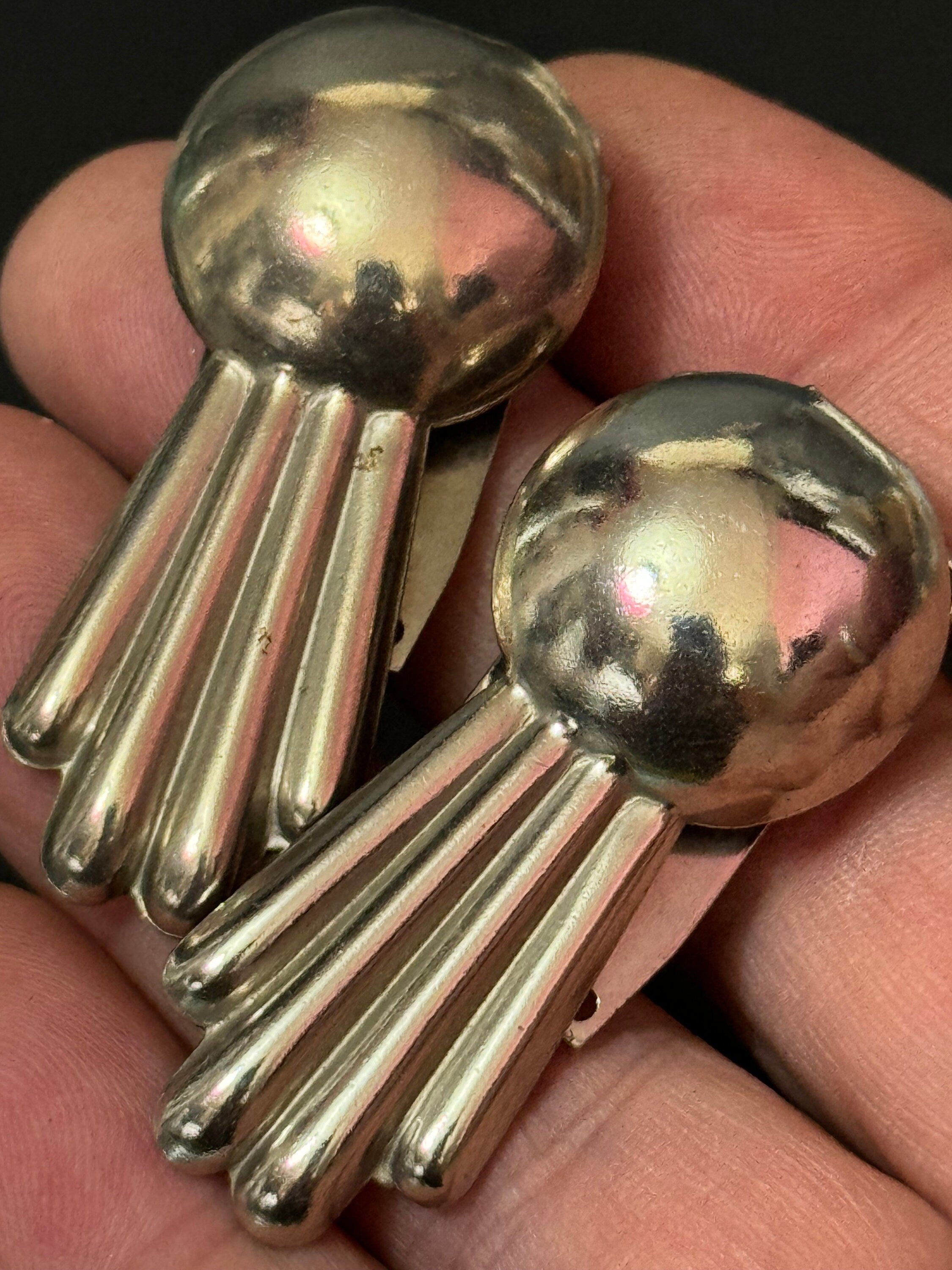 A pair of Art Deco Geometric Silver Chrome dress Clips metal