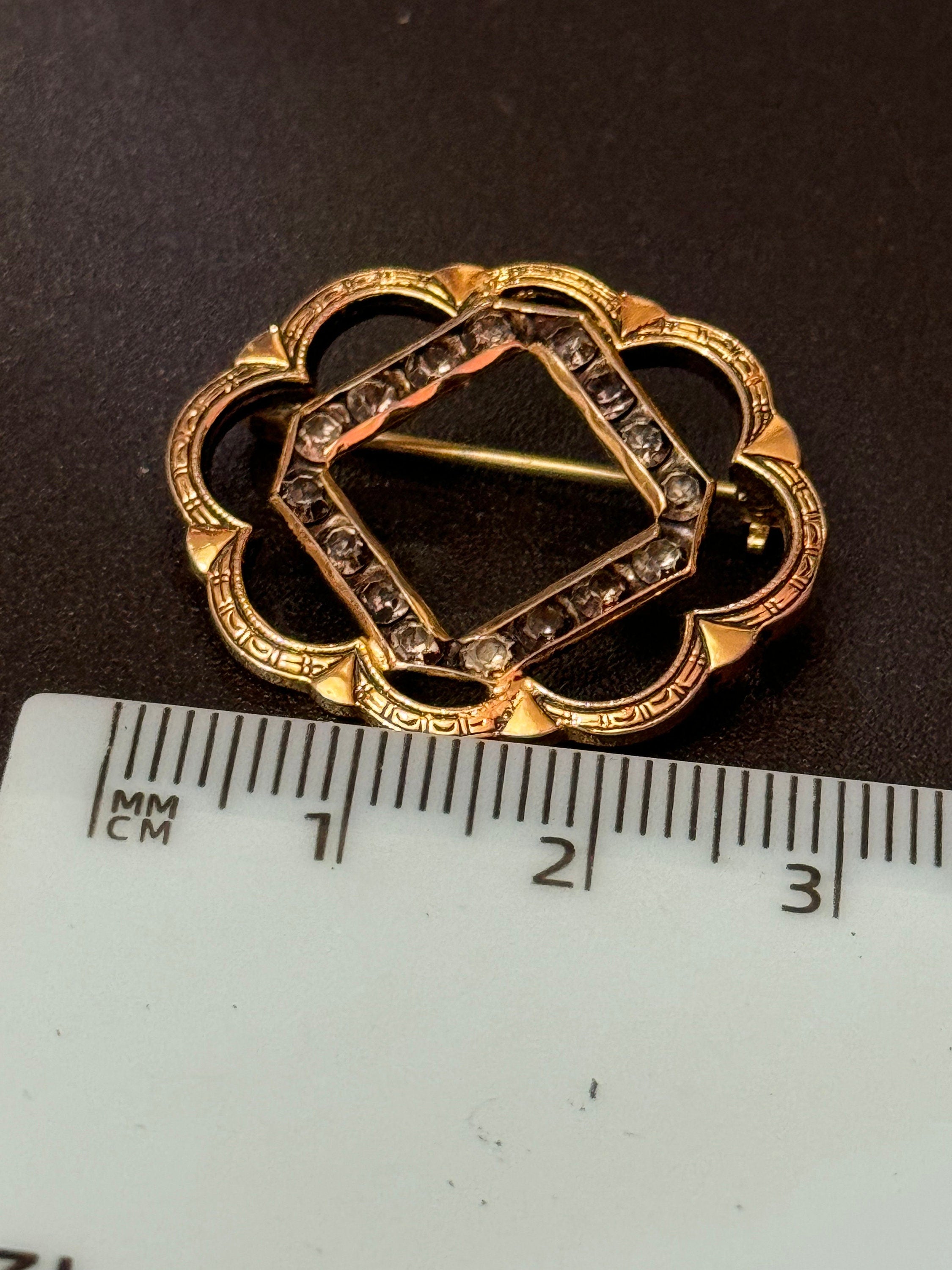 antique small gold plated black diamanté rhinestone brooch roll clasp