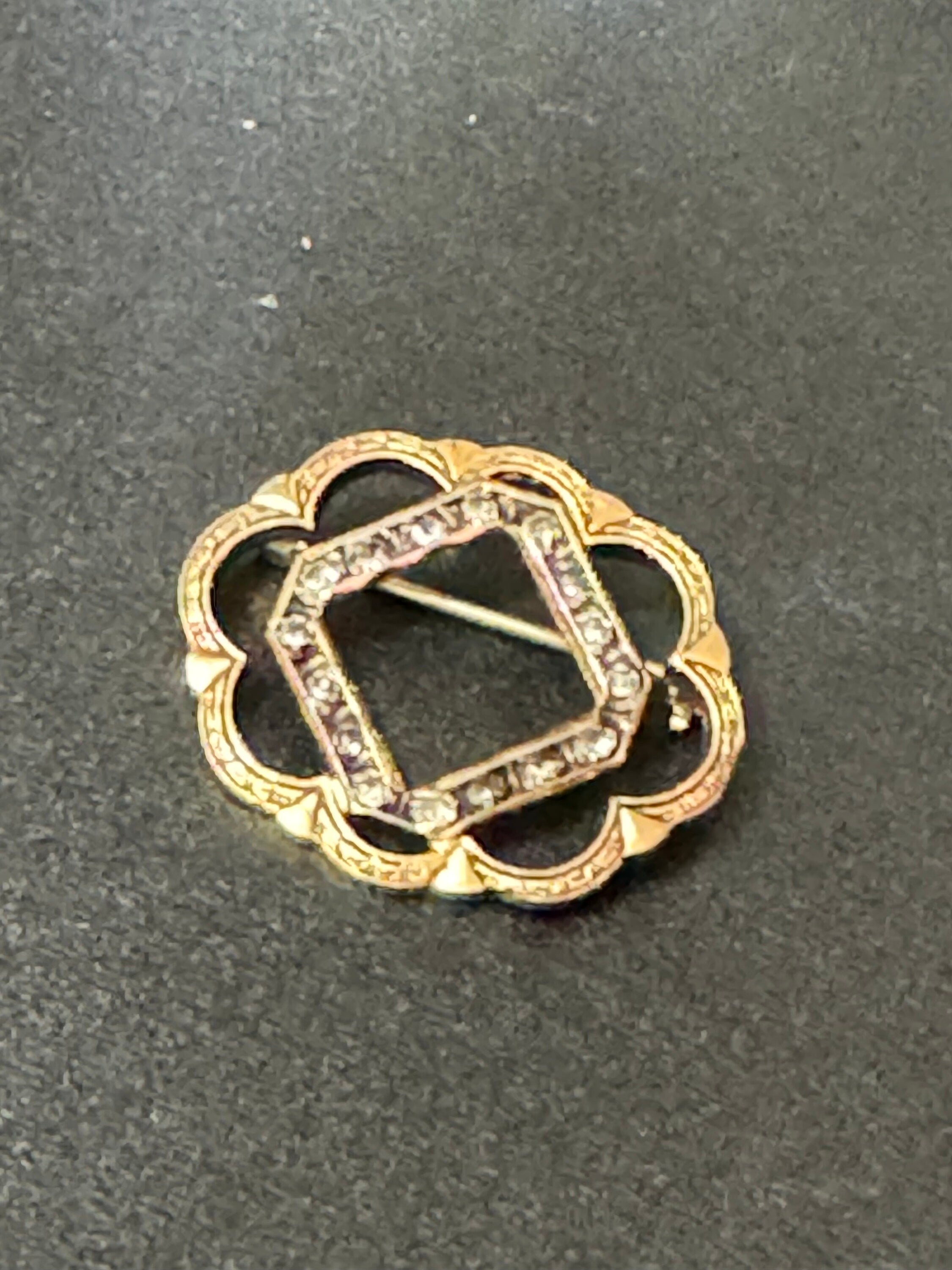 antique small gold plated black diamanté rhinestone brooch roll clasp