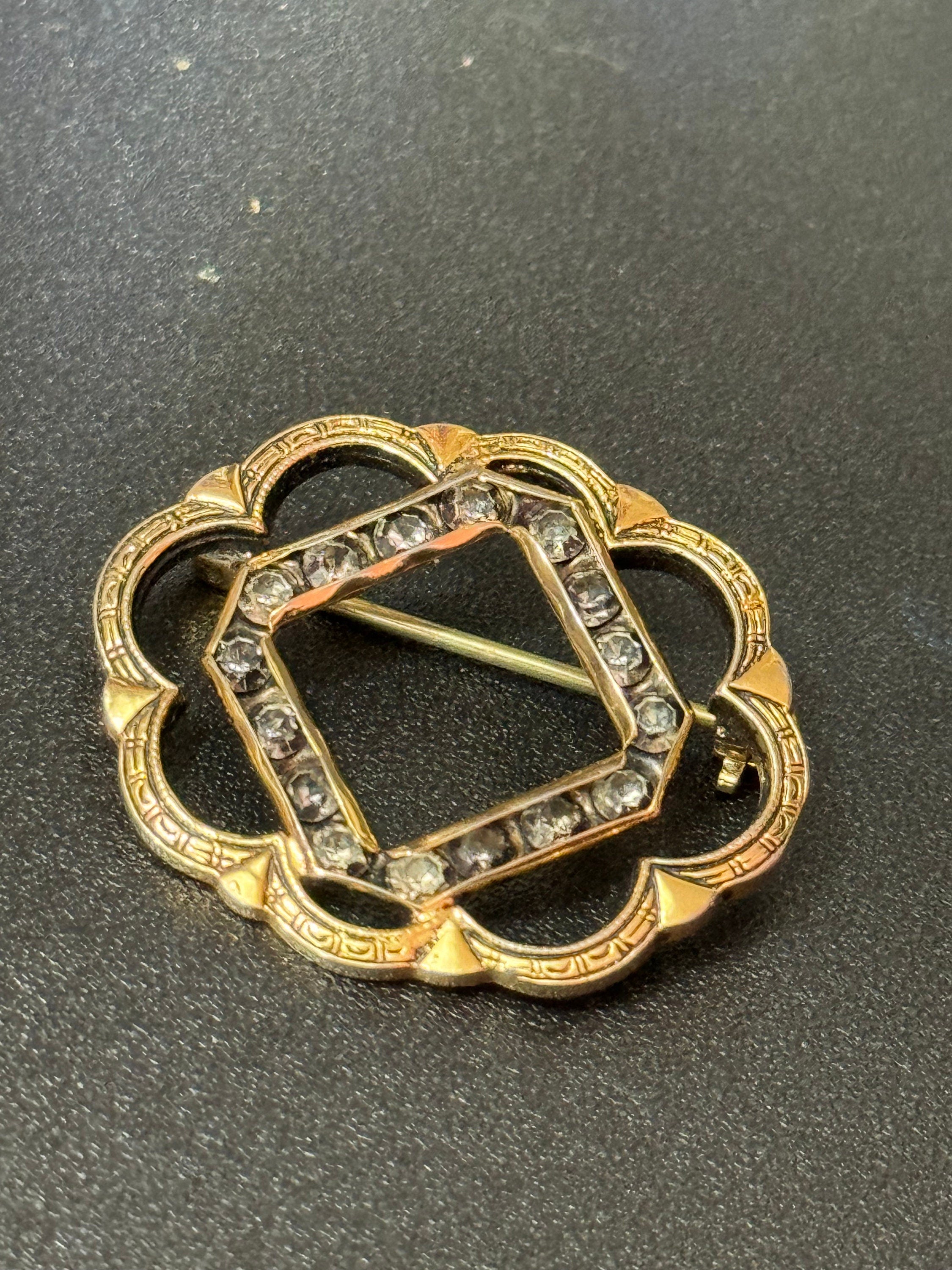 antique small gold plated black diamanté rhinestone brooch roll clasp