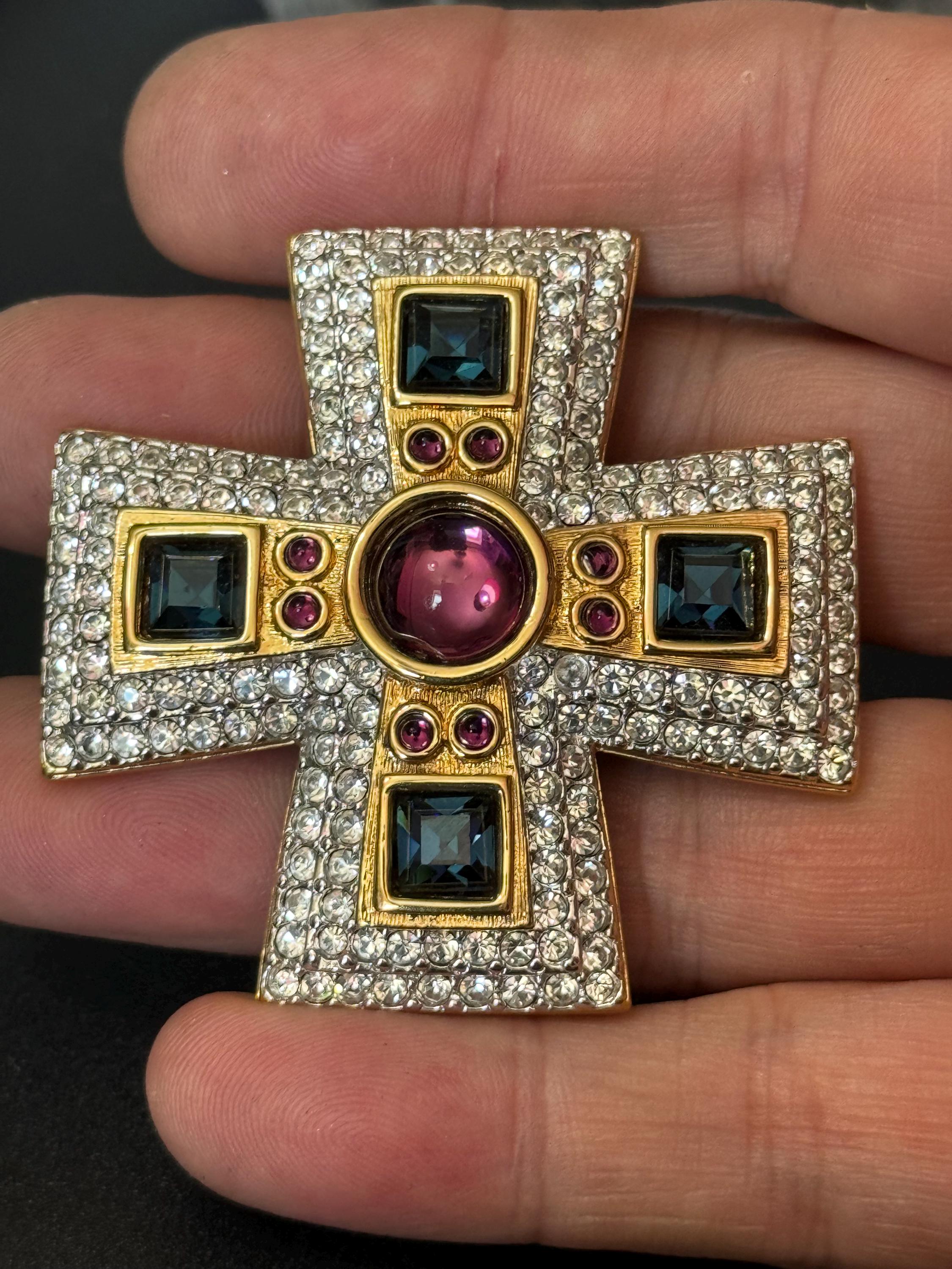 Rare retired Swan signed Swarovski crystal diamanté gold tone large Maltese cross brooch green purple clear stones